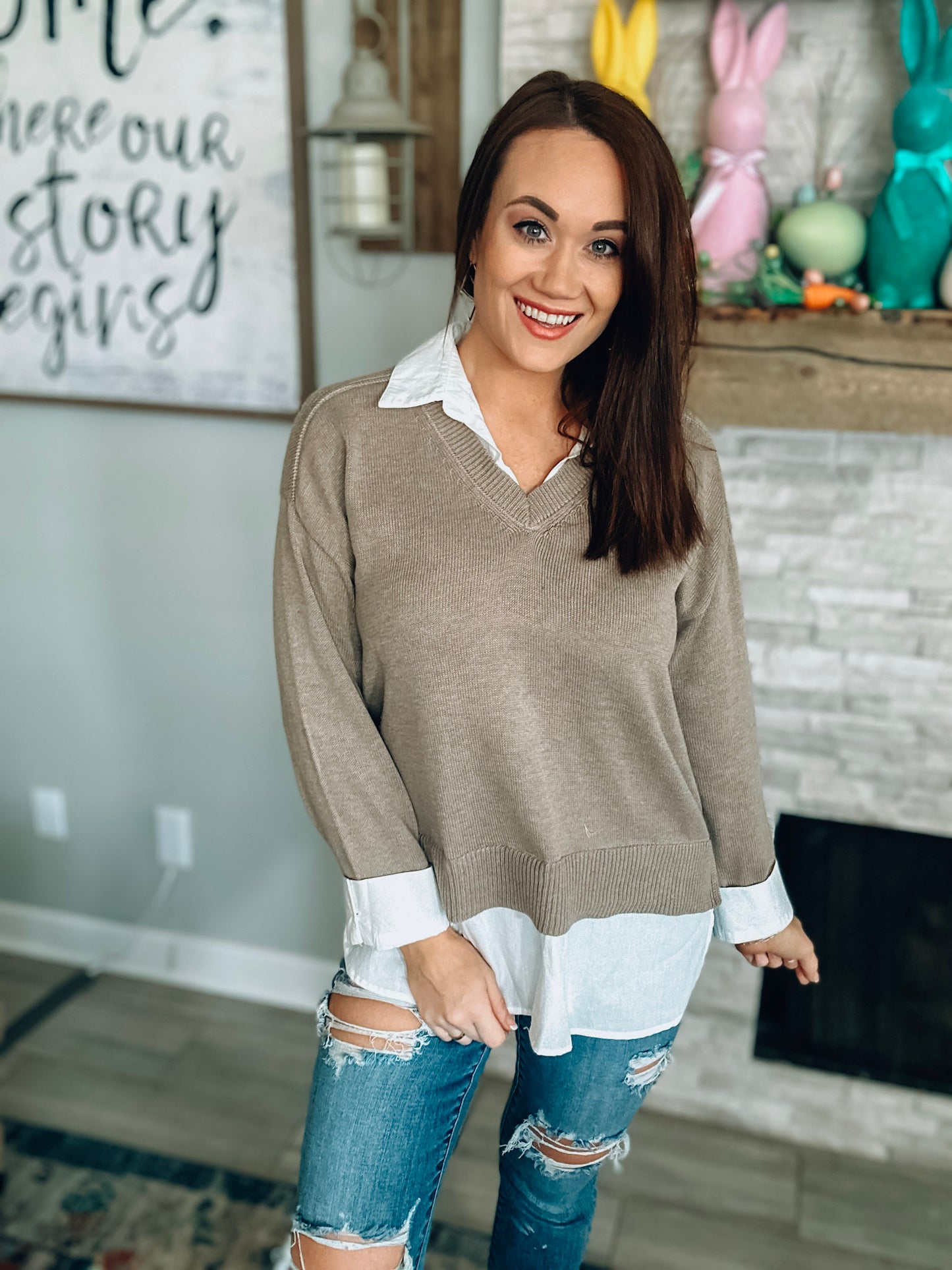 Mocha/White Collared Sweater - Size Large