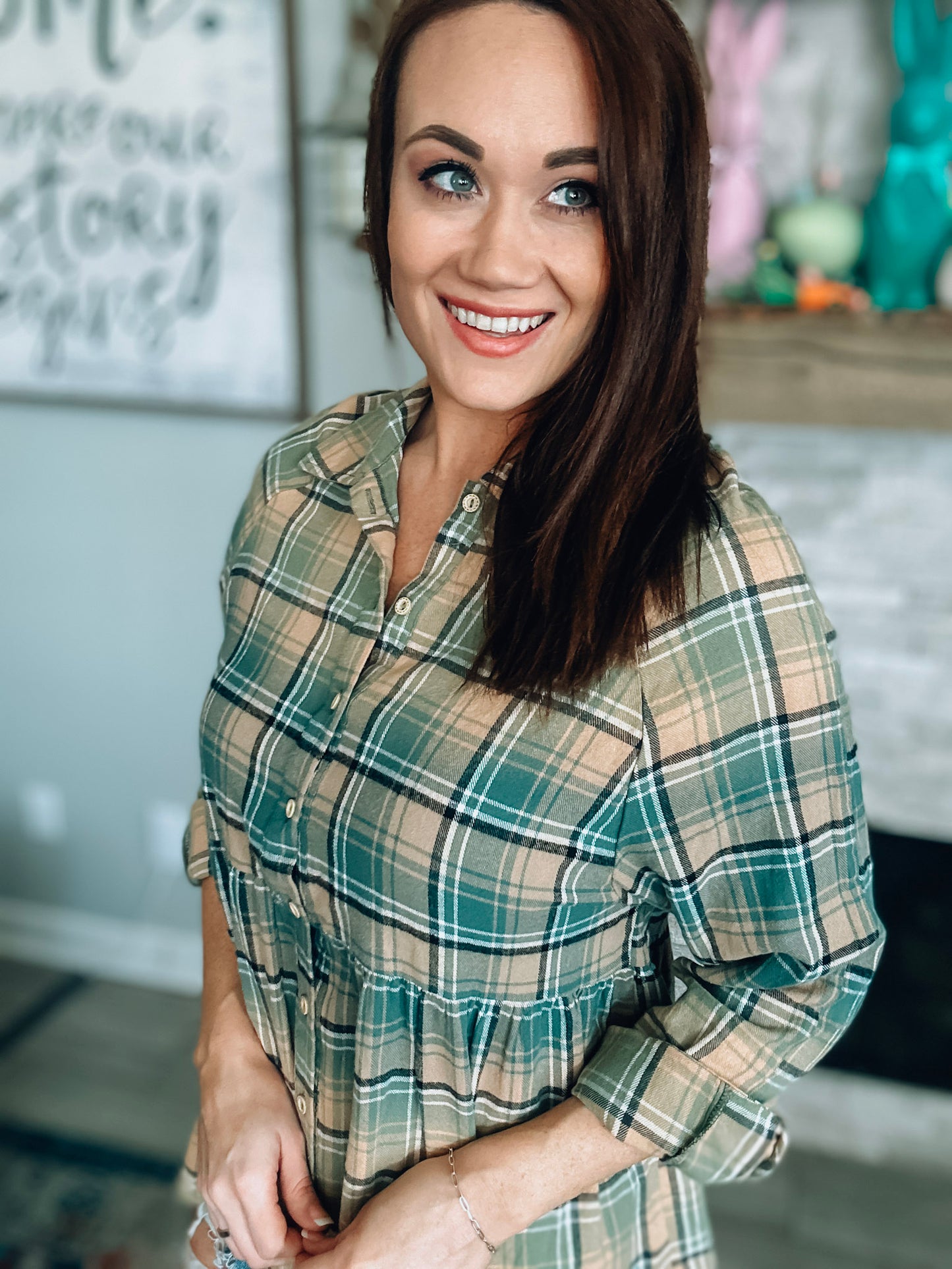 Green Plaid Babydoll Top - Size Small