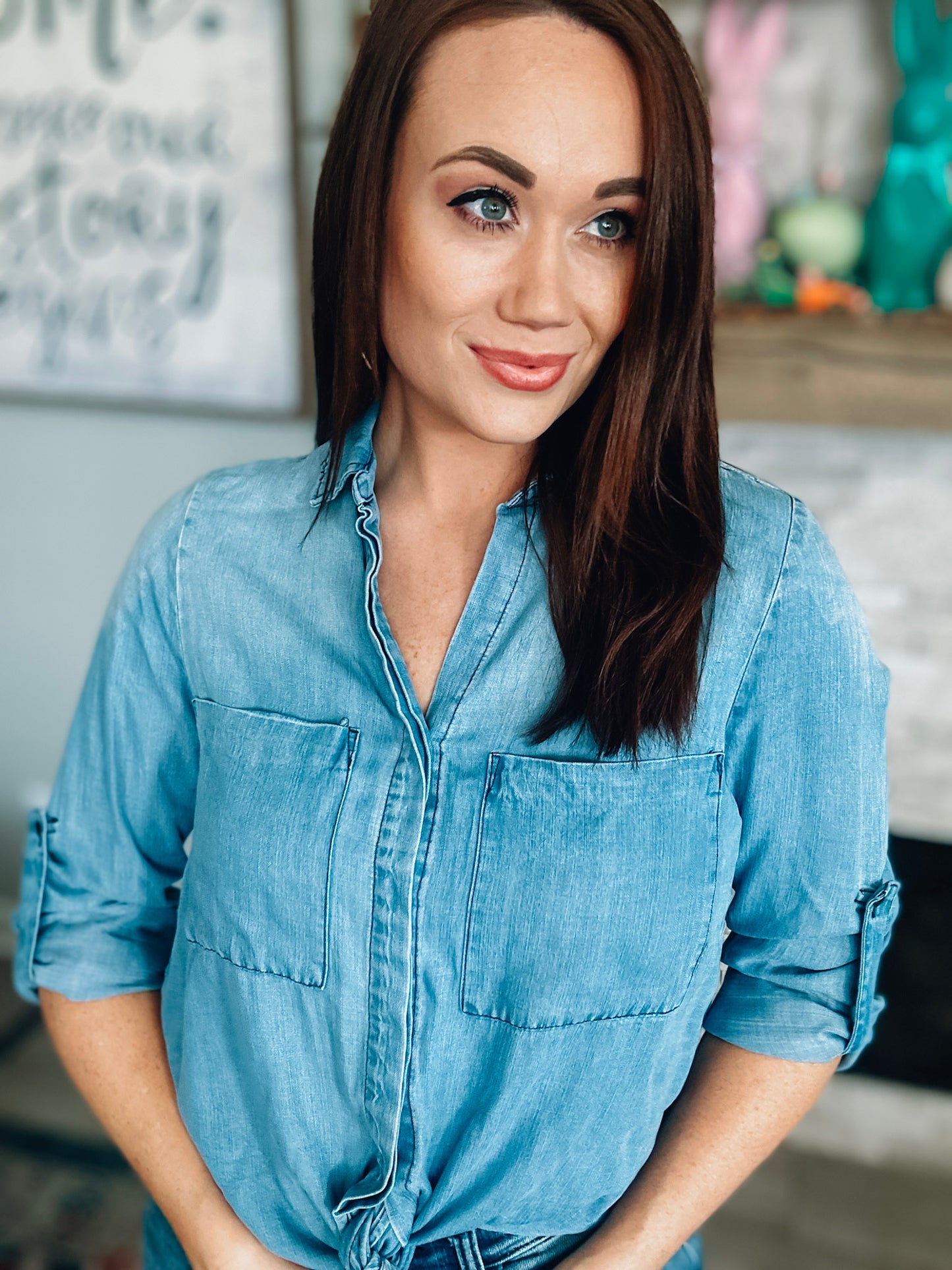 Easel Denim Top w/ Front Tie - Size Medium