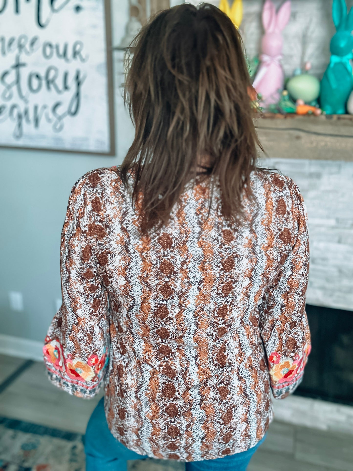 Savanna Jane Brown Print Embroidered Tunic with Bell Sleeve - Size Med