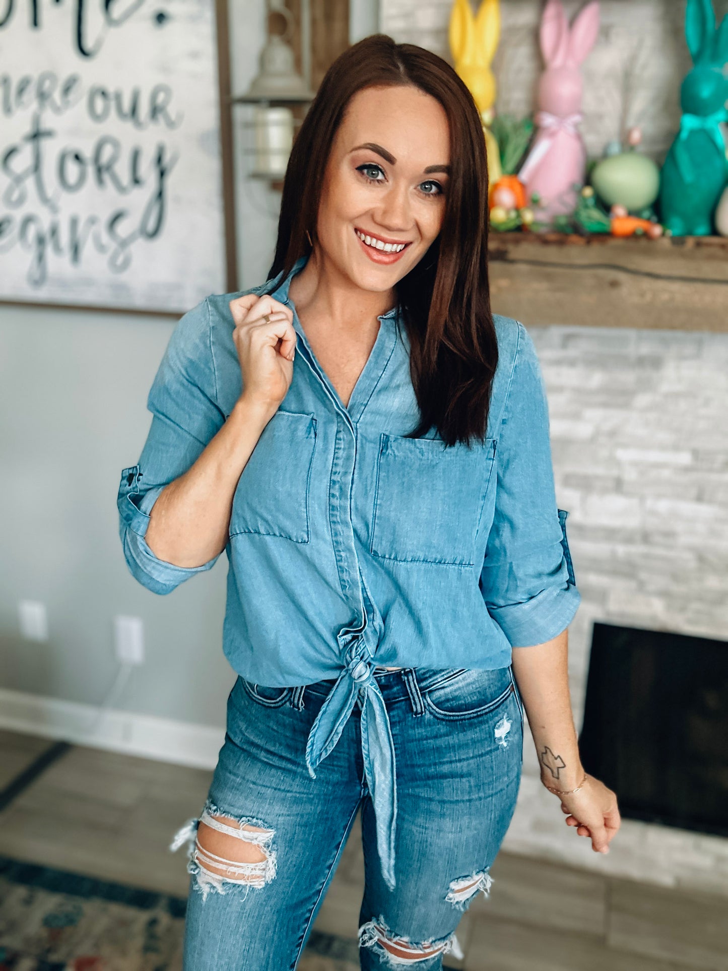 Easel Denim Top w/ Front Tie - Size Medium