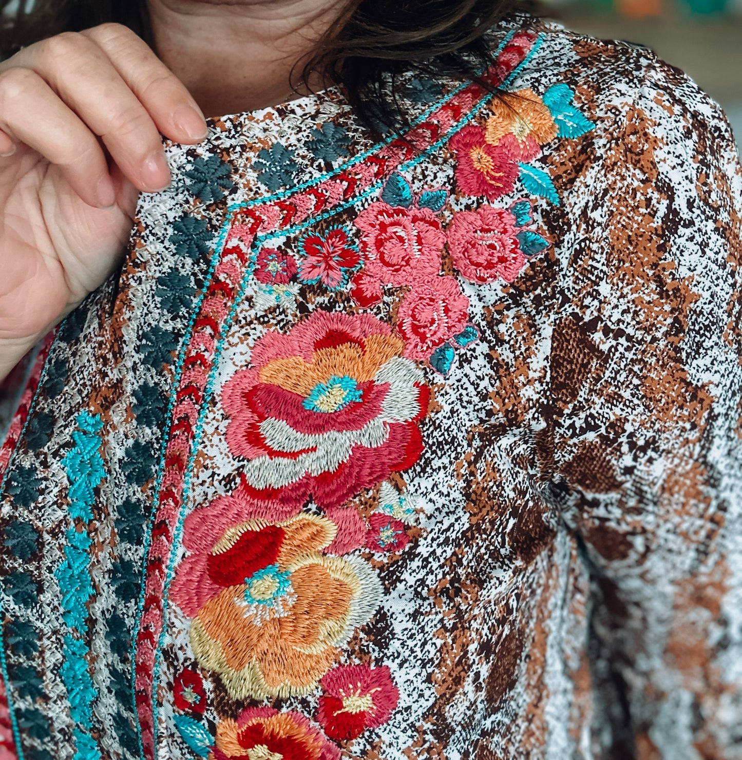 Savanna Jane Brown Print Embroidered Tunic with Bell Sleeve - Size Med