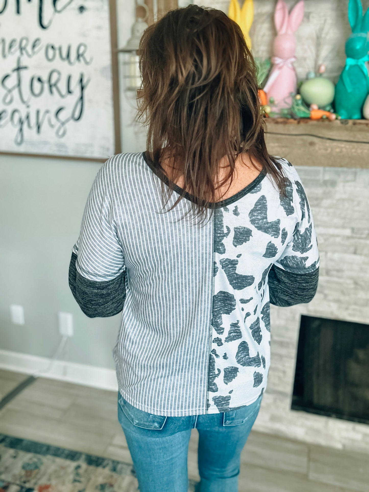 Split Patterned V-Neck Top - Size Large