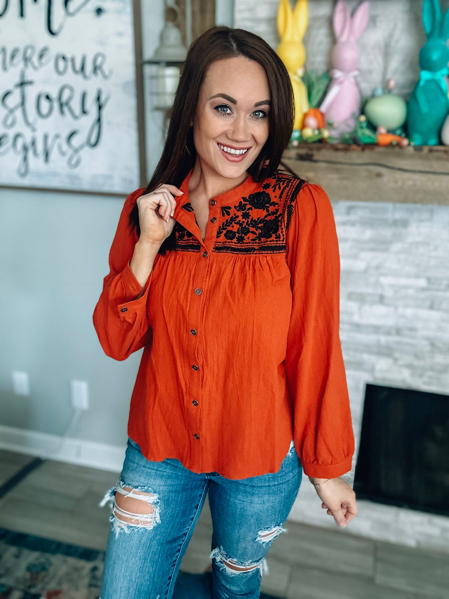 Savanna Jane Rust/Black Embroidered Top - Size Medium