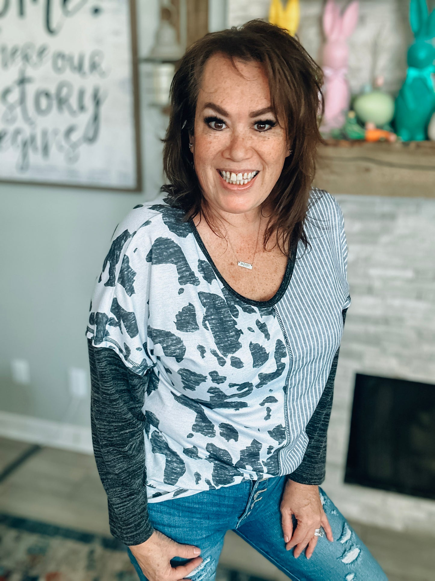 Split Patterned V-Neck Top - Size Large
