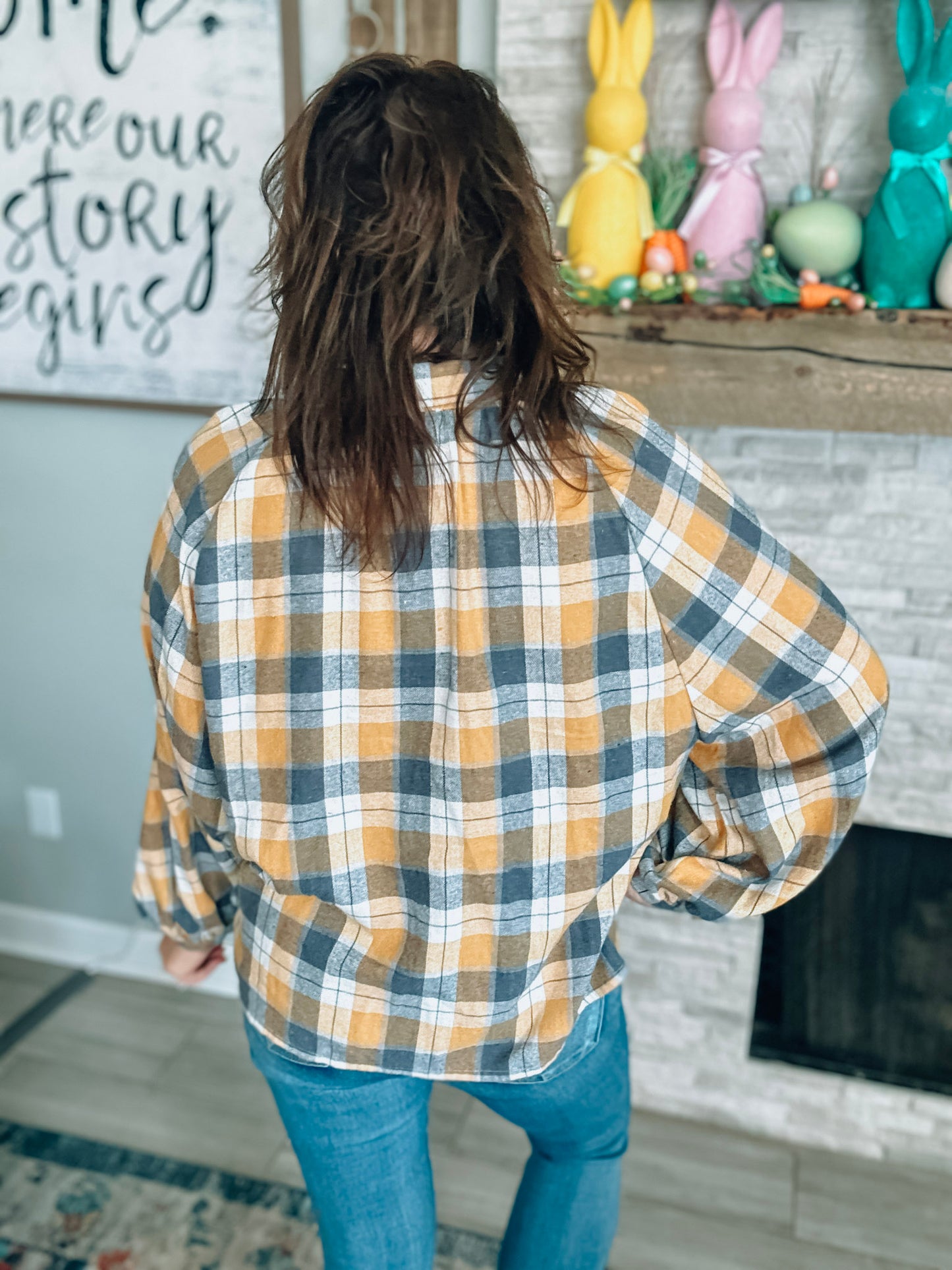 Mustard & Grey Plaid Balloon Sleeve Top - Size Large