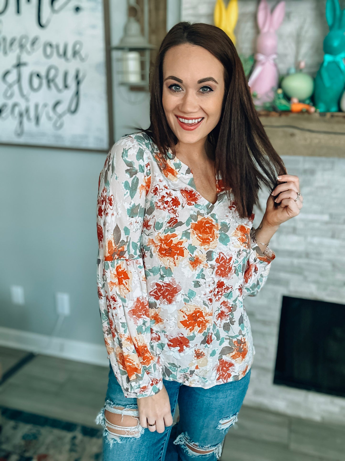 Rust/Cream Floral Printed Top - Size Medium