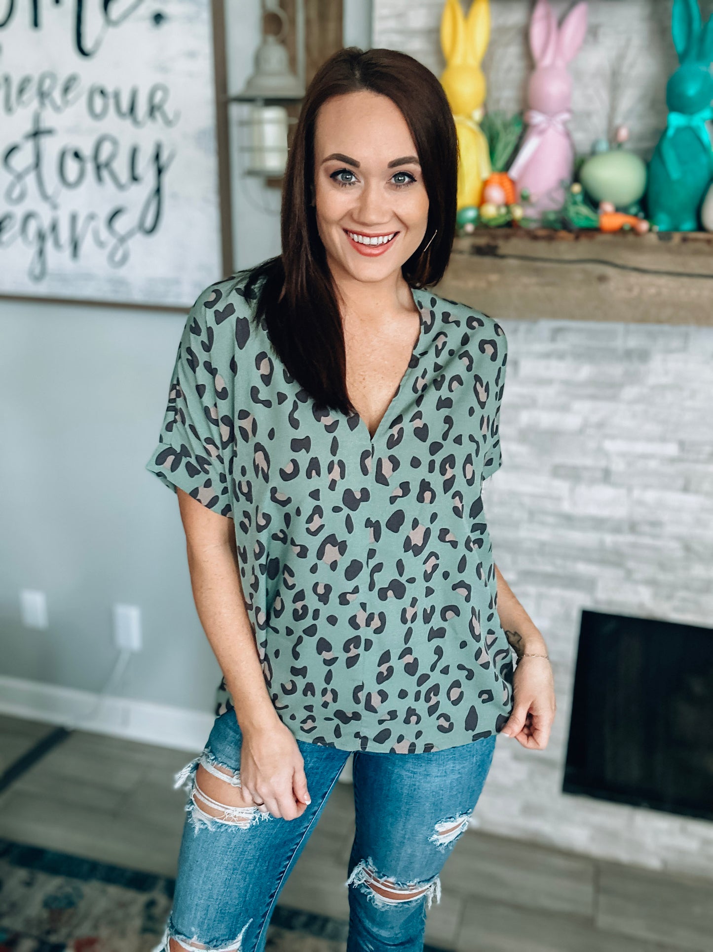 Green Leopard Print Top - Size Small