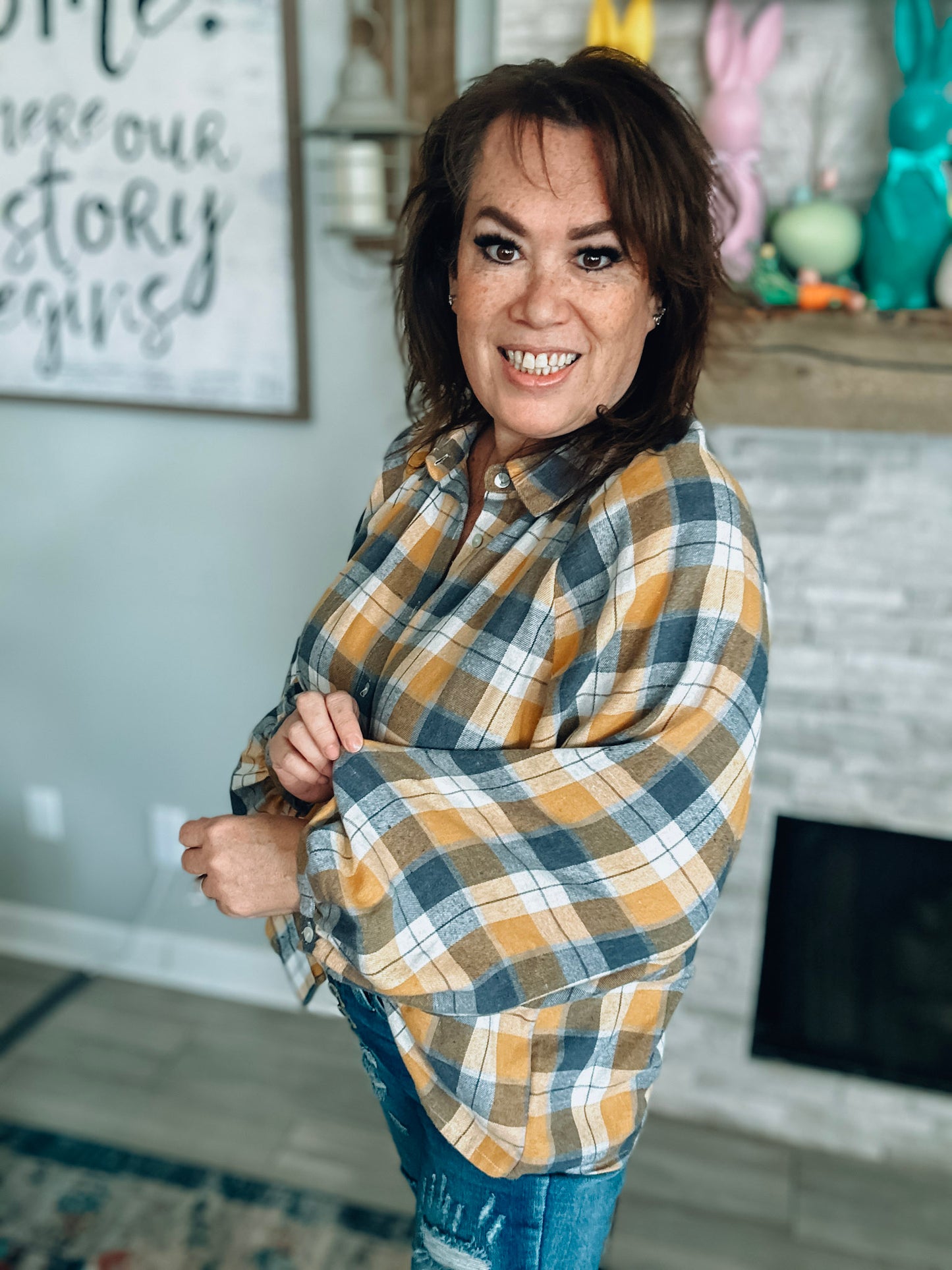 Mustard & Grey Plaid Balloon Sleeve Top - Size Large