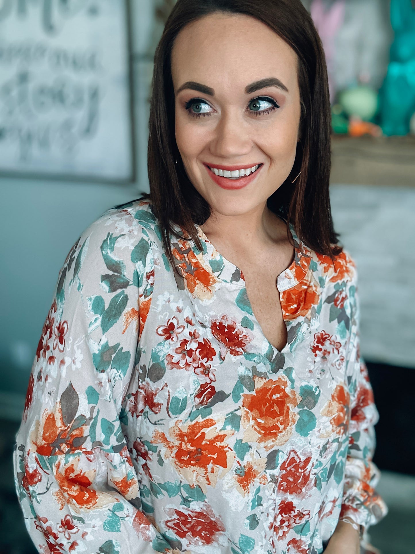 Rust/Cream Floral Printed Top - Size Medium