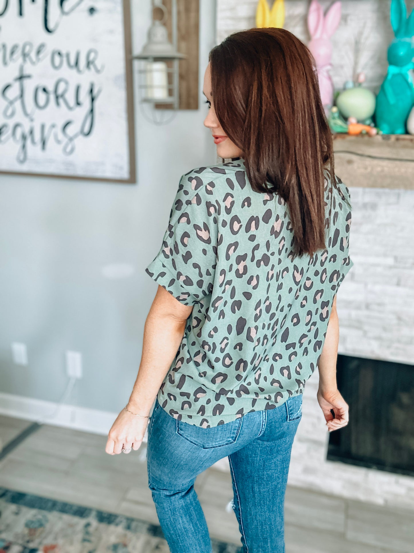 Green Leopard Print Top - Size Small