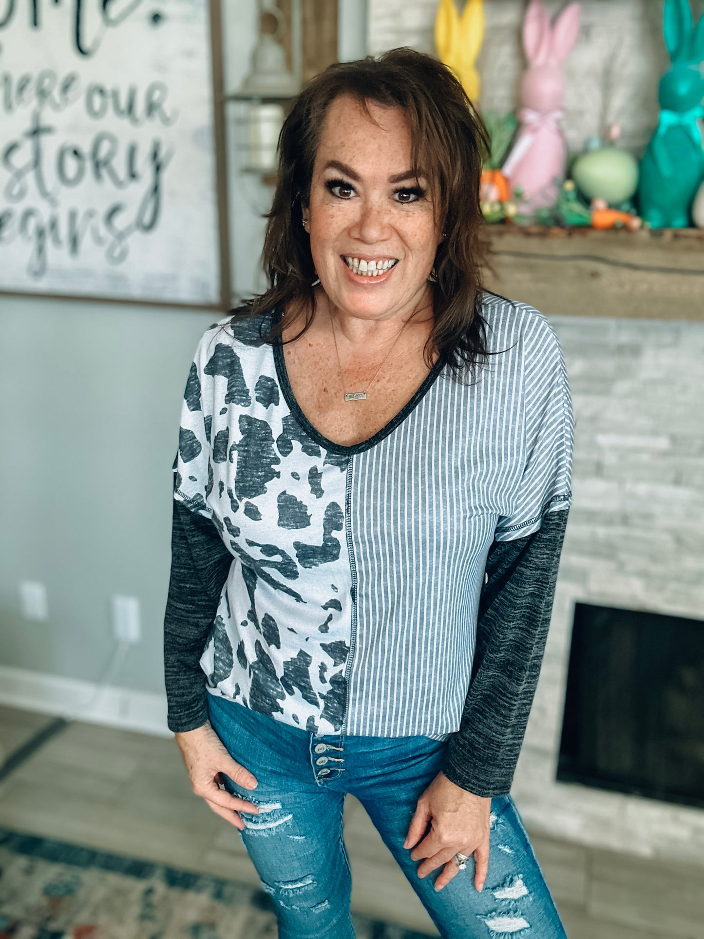 Split Patterned V-Neck Top - Size Large