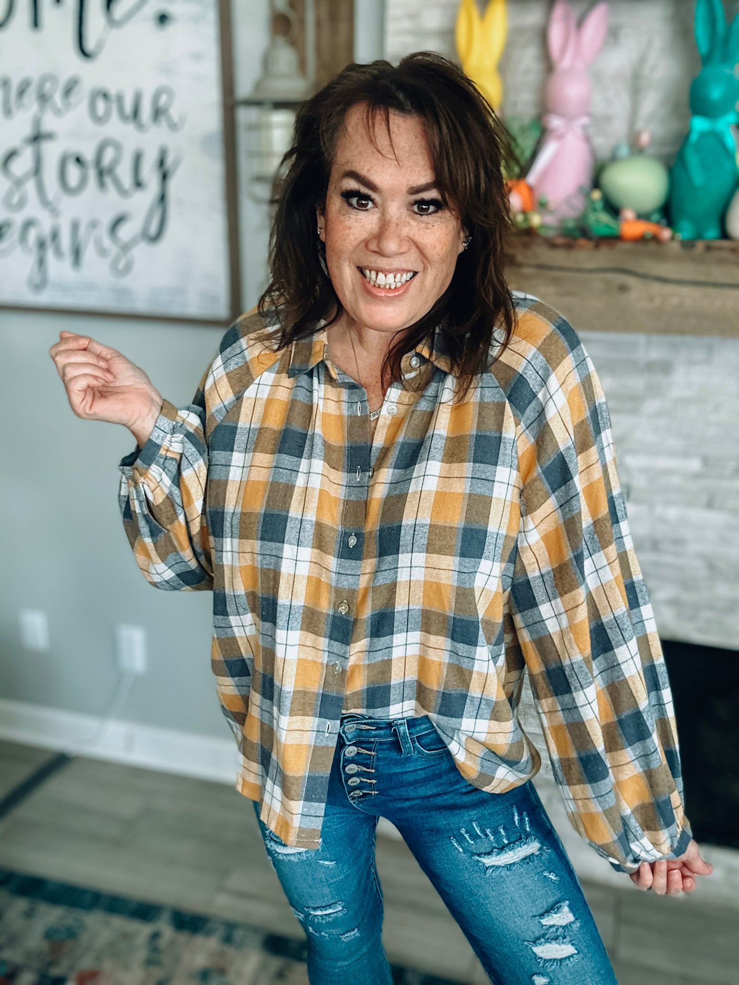 Mustard & Grey Plaid Balloon Sleeve Top - Size Large