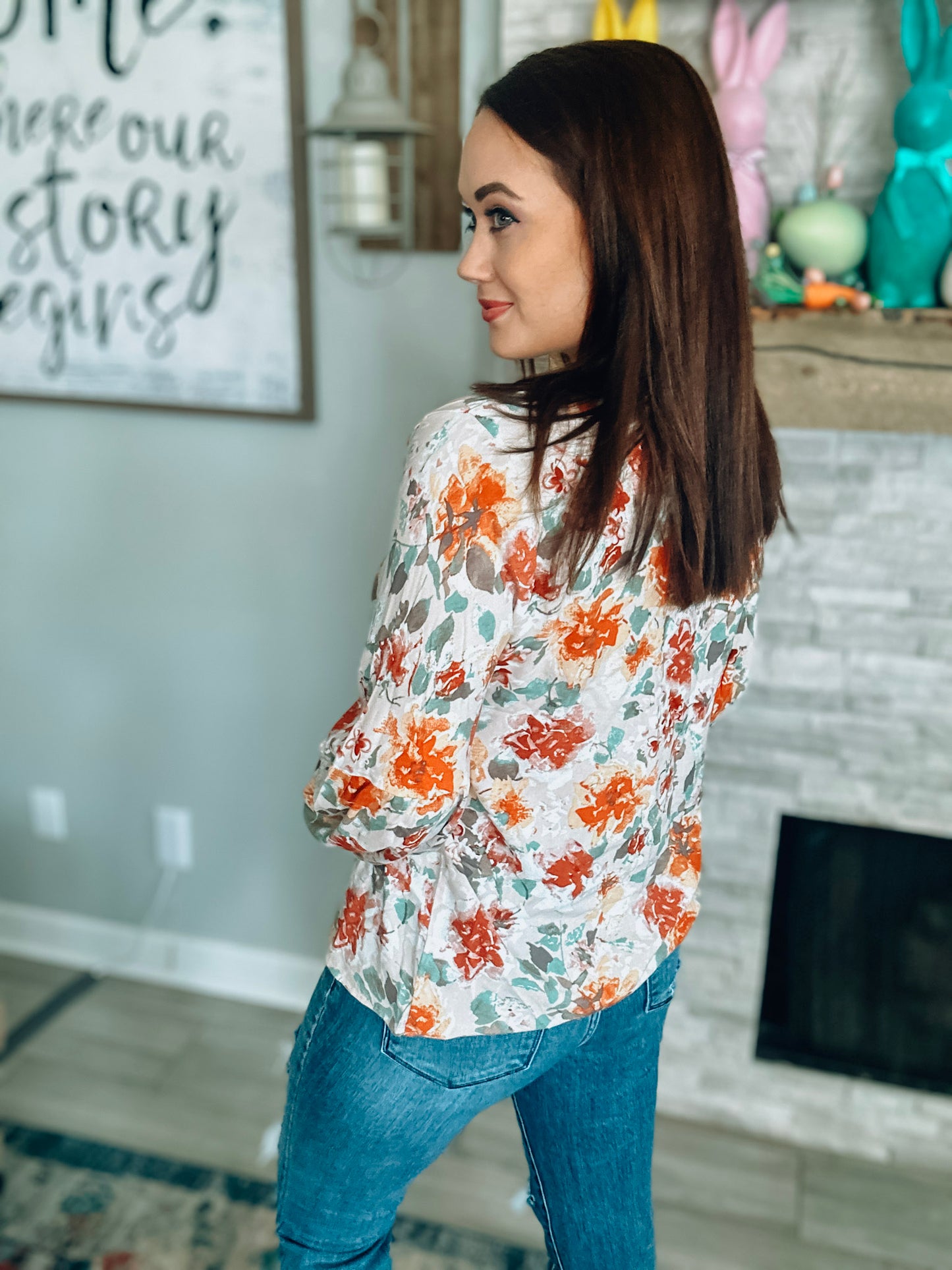 Rust/Cream Floral Printed Top - Size Medium