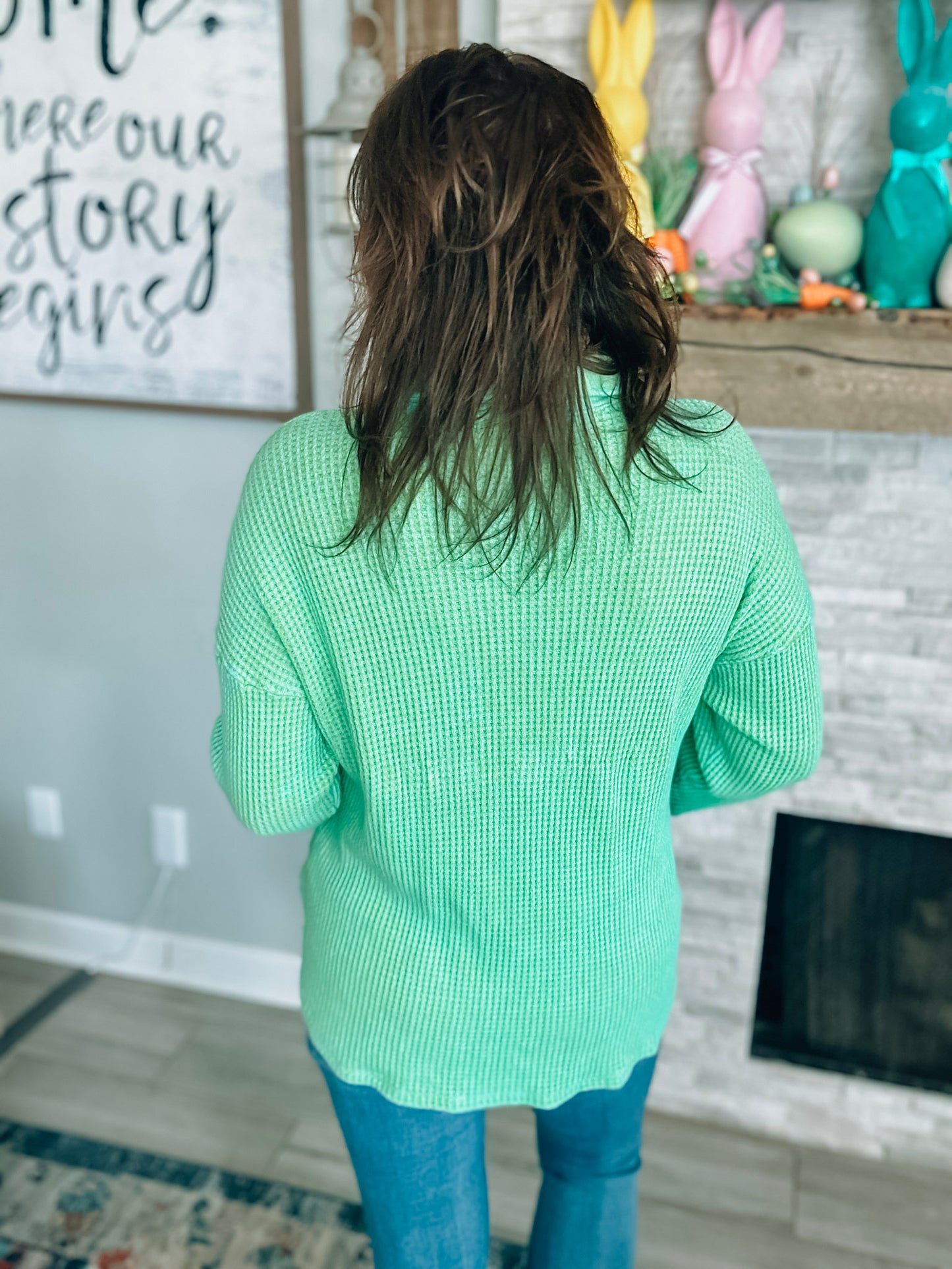 Bucket List Spring Green Mineral Wash Waffle Knit Shacket - Size Small