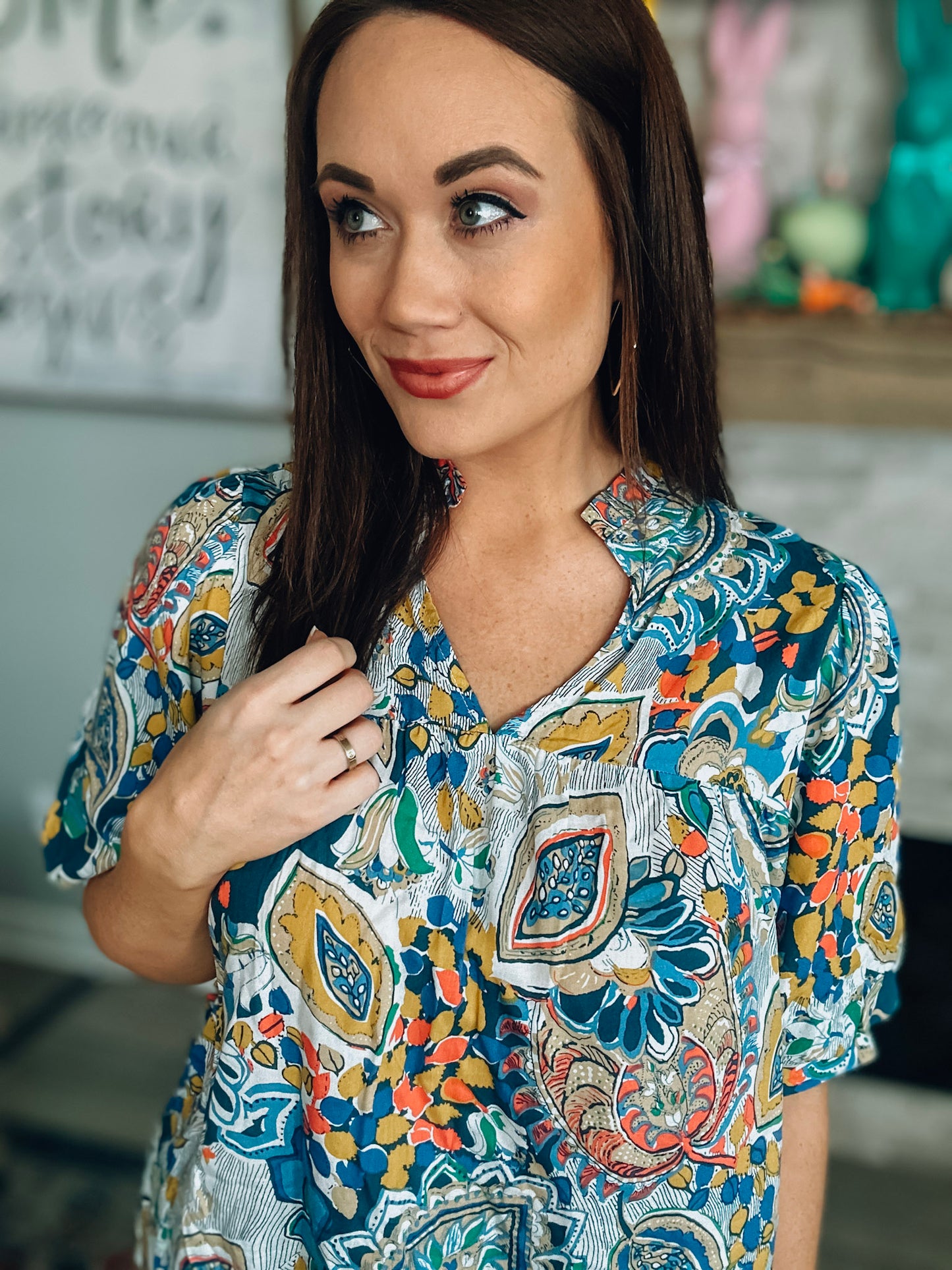 Blue/Mustard Printed Short Sleeve Top - Size Medium