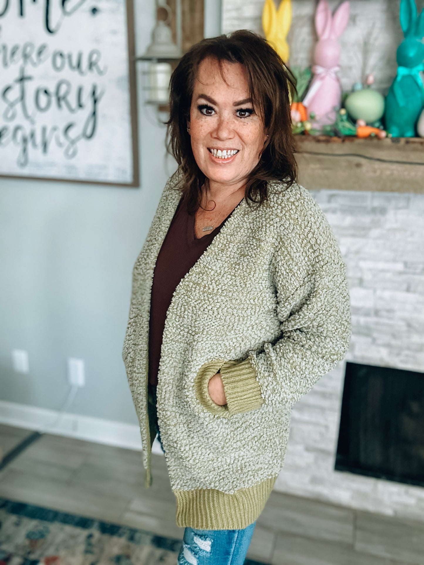 Puff Sleeve Popcorn Cardigan With Pockets in Olive - Size Small