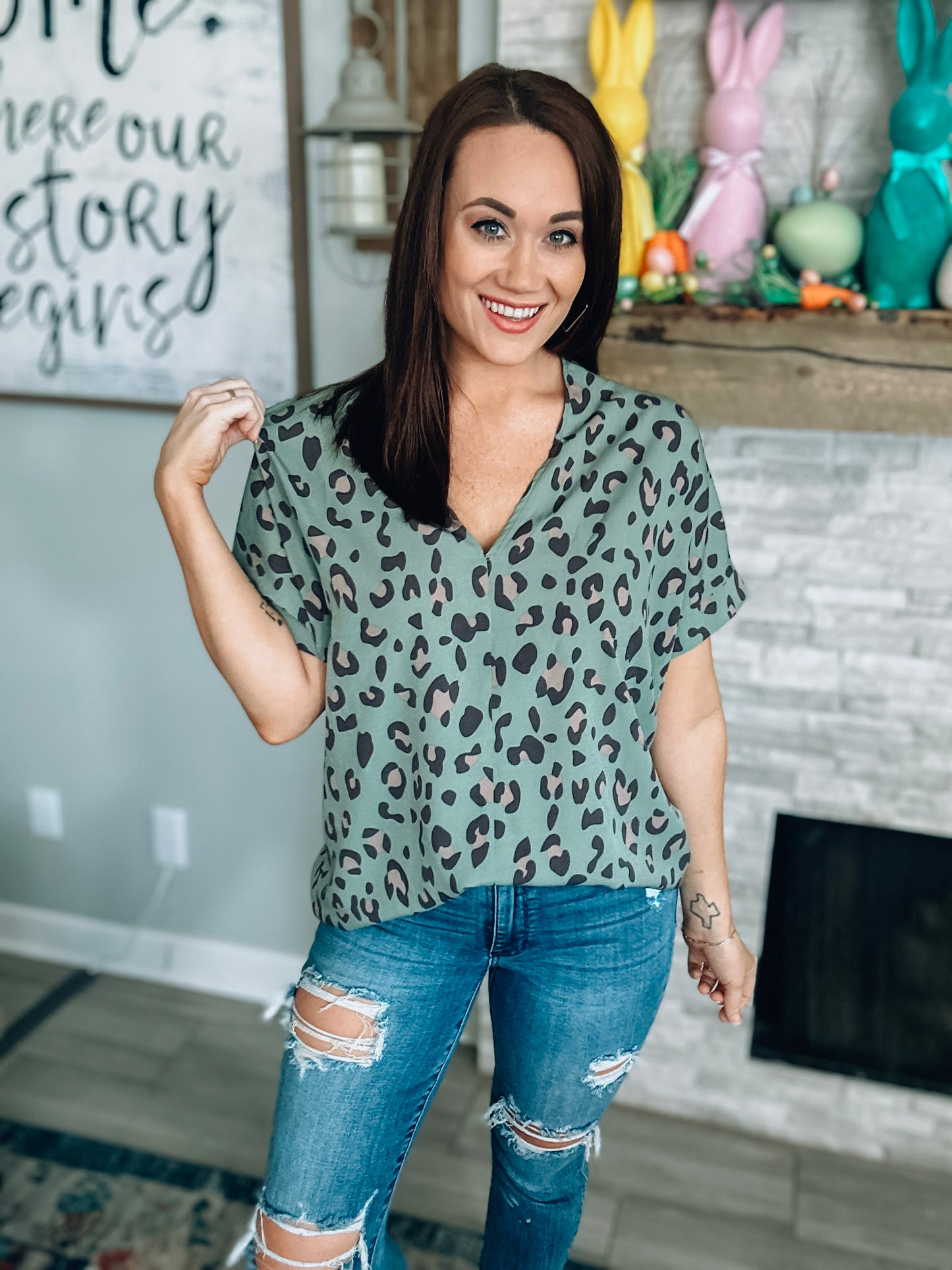 Green Leopard Print Top - Size Small