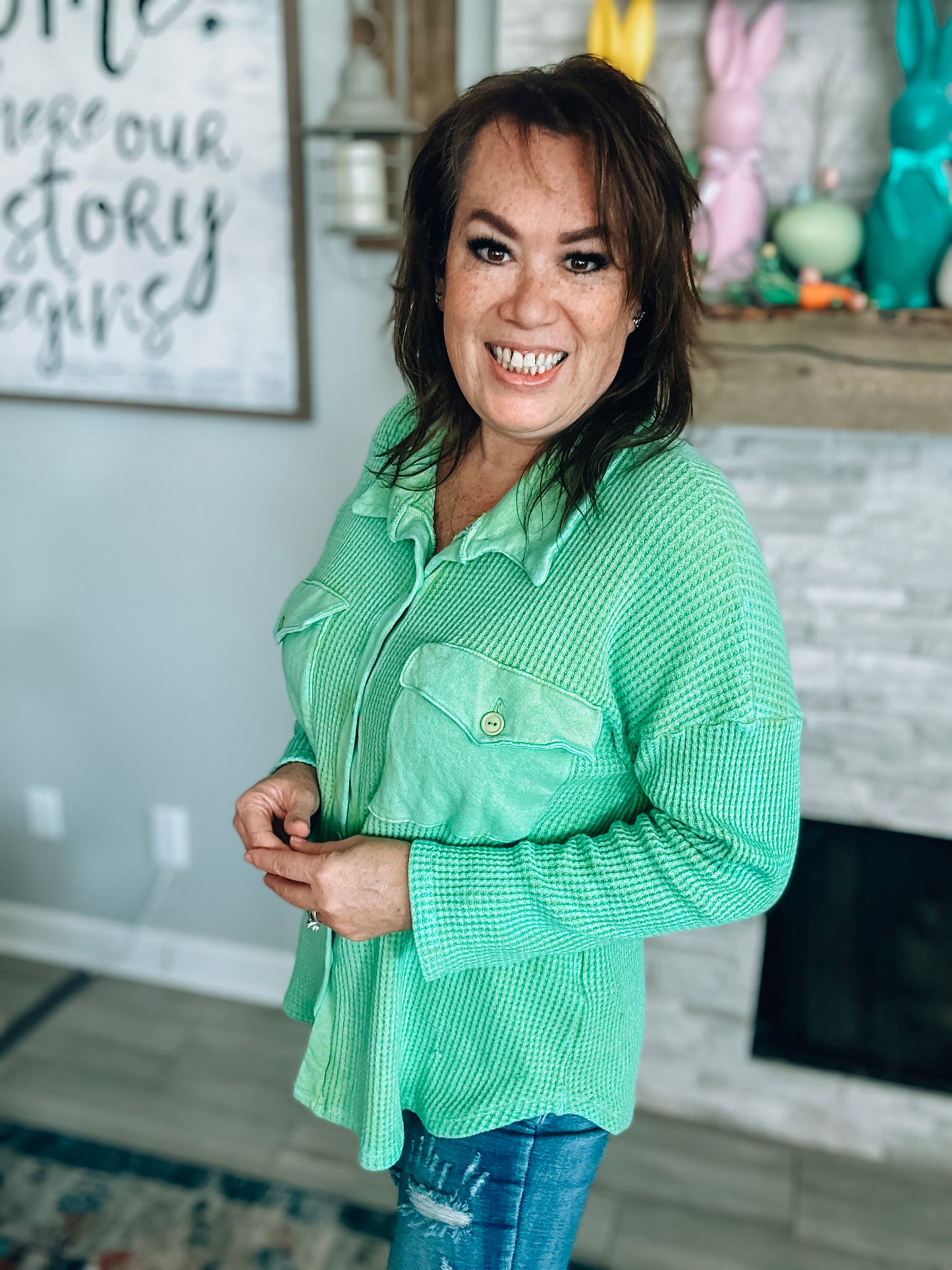 Bucket List Spring Green Mineral Wash Waffle Knit Shacket - Size Small