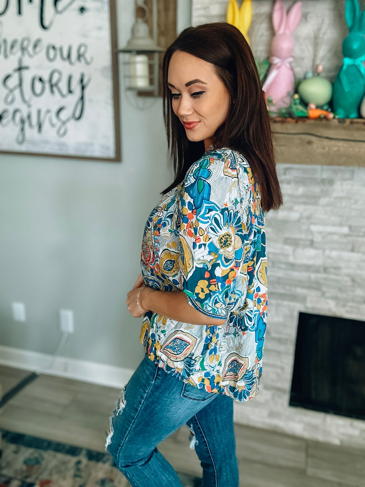 Blue/Mustard Printed Short Sleeve Top - Size Medium