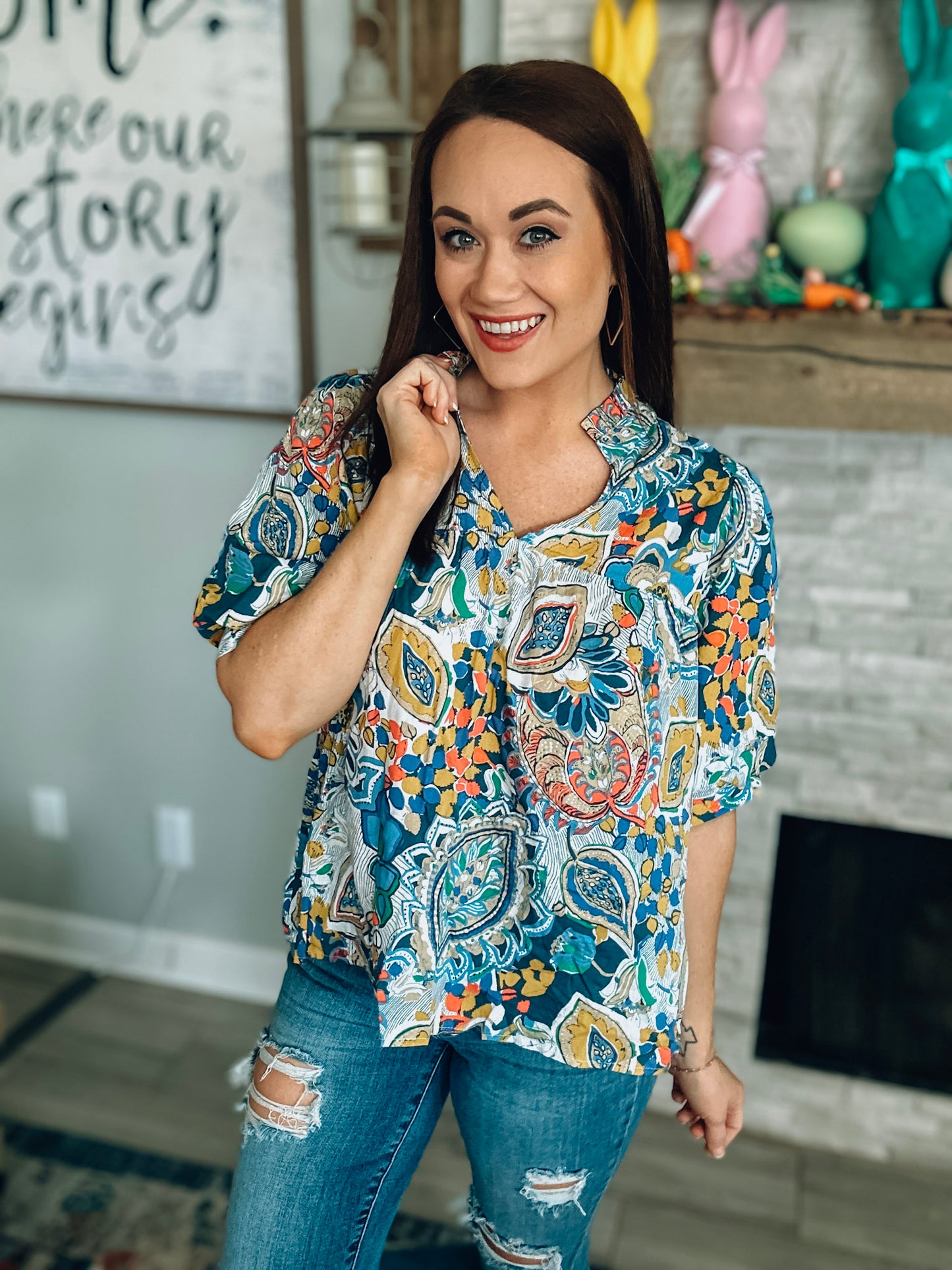 Blue/Mustard Printed Short Sleeve Top - Size Medium