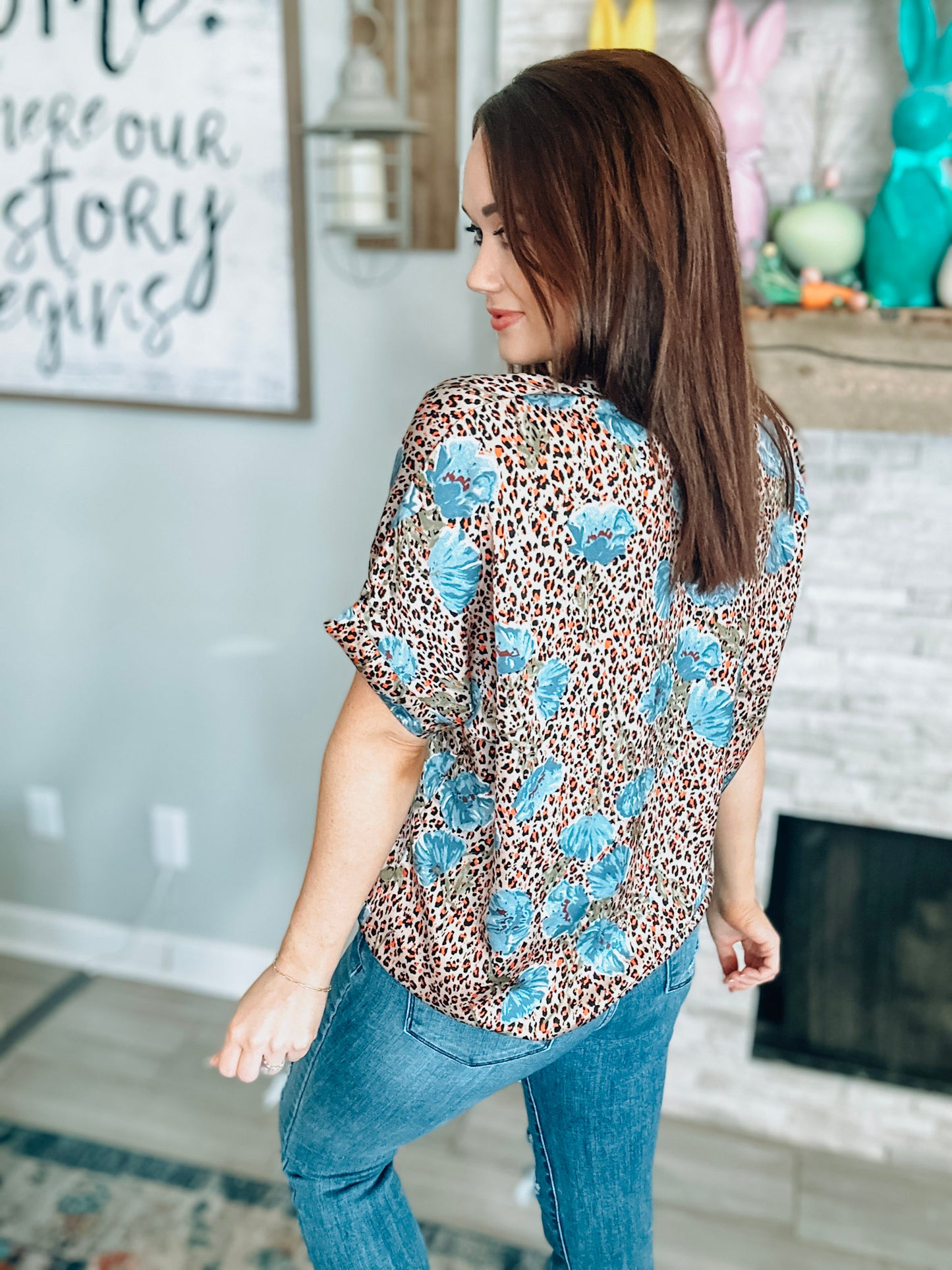 Leopard & Floral Print Top - Size Small