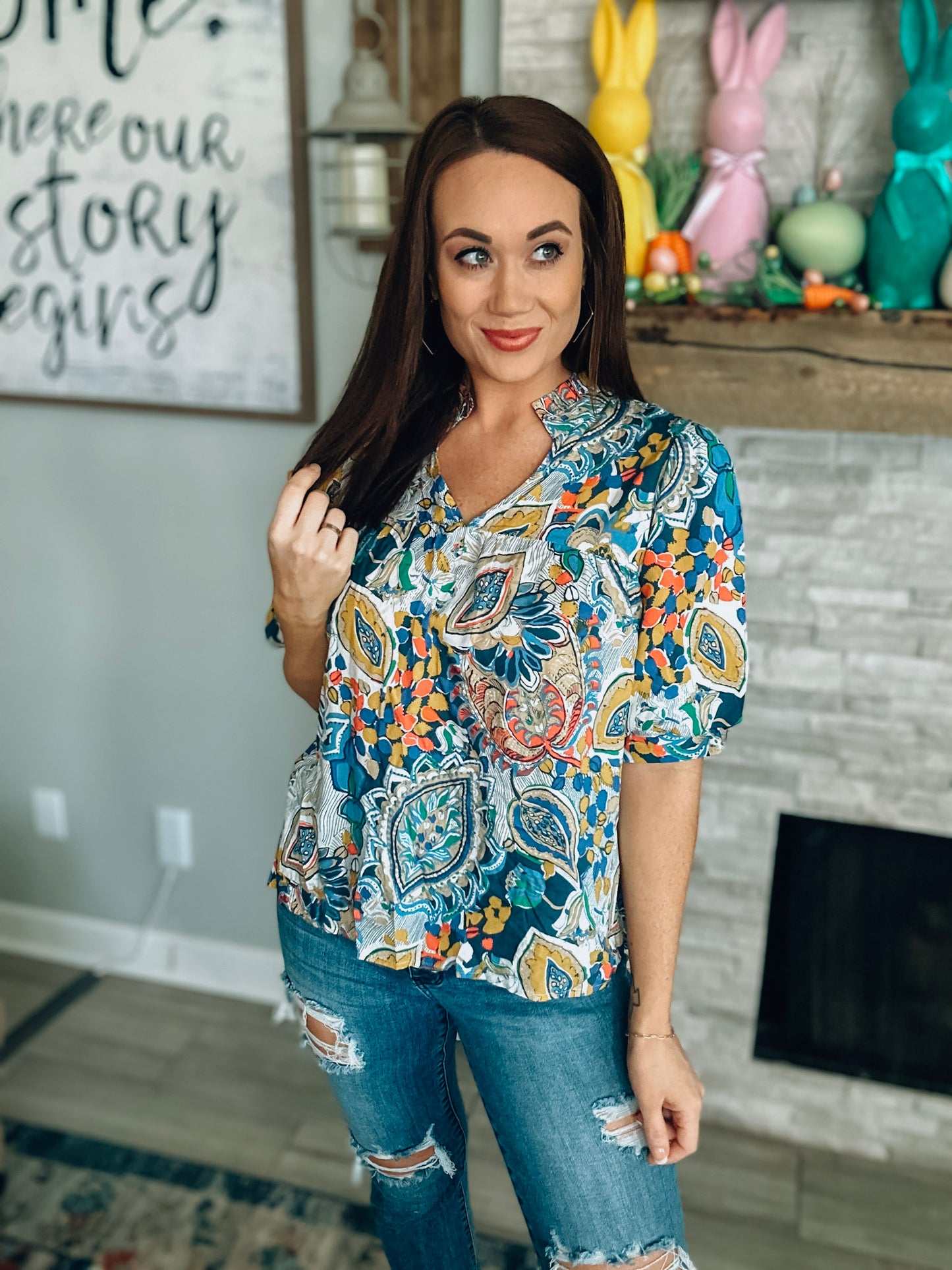 Blue/Mustard Printed Short Sleeve Top - Size Medium