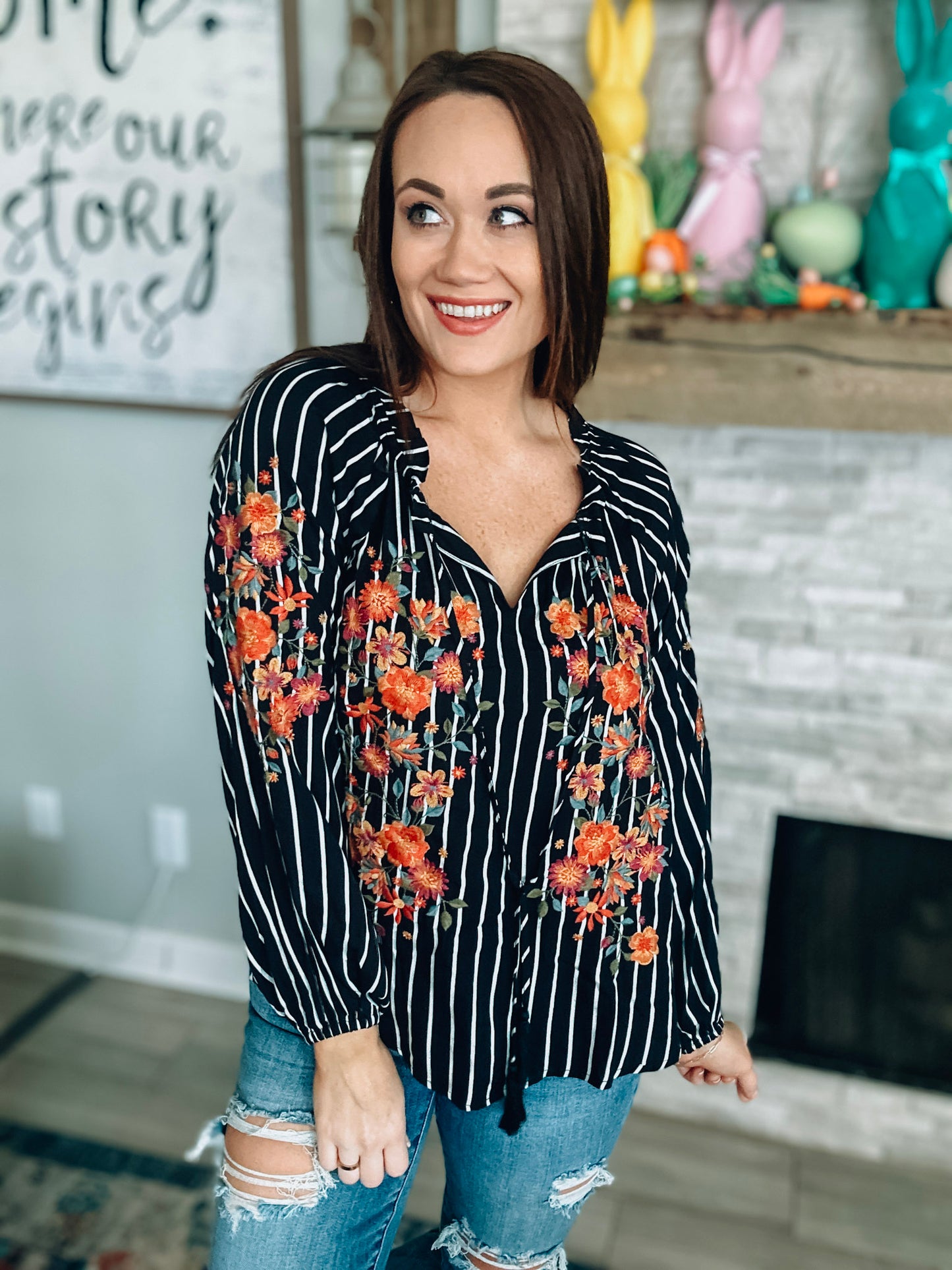 Savanna Jane Black/White Stripe Top w/ Embroidery - Size Medium