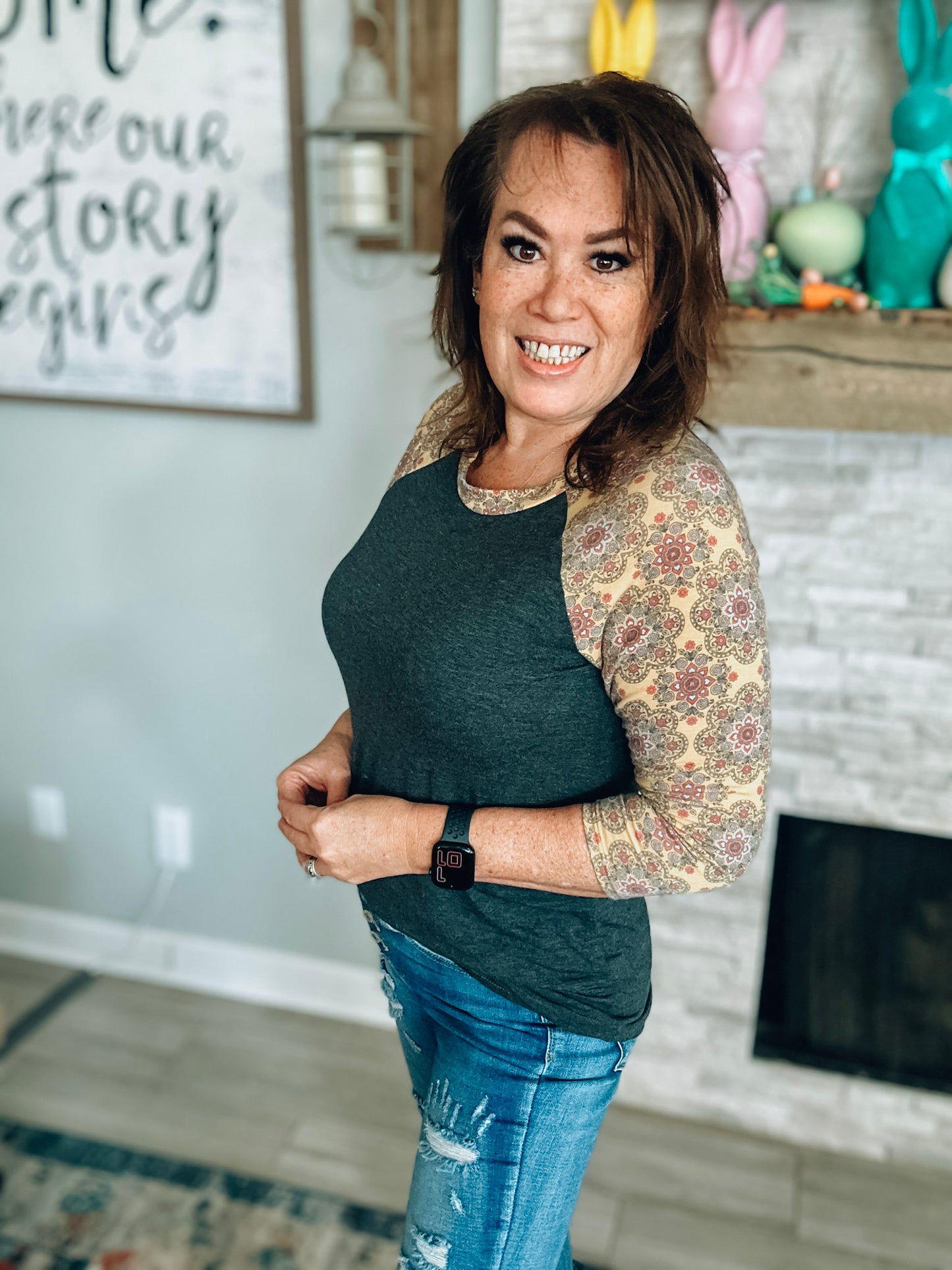 Patterned Sleeve Raglan Style Top - Size Large
