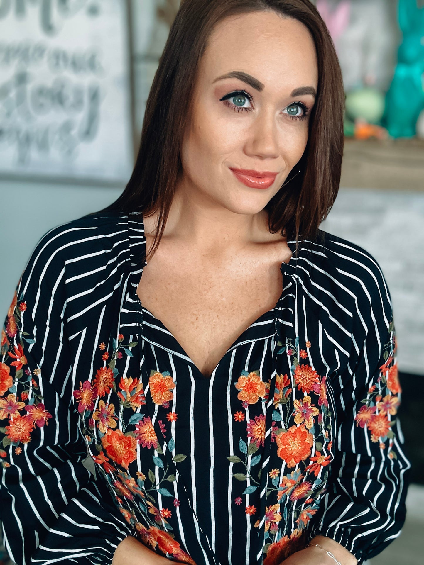 Savanna Jane Black/White Stripe Top w/ Embroidery - Size Medium