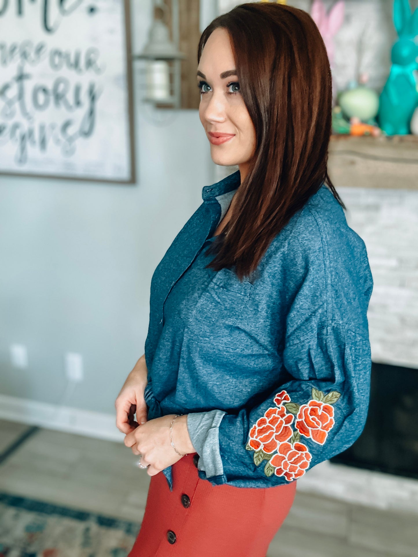 Easel Denim Button Up w/ Embroidered Sleeves - Size Small