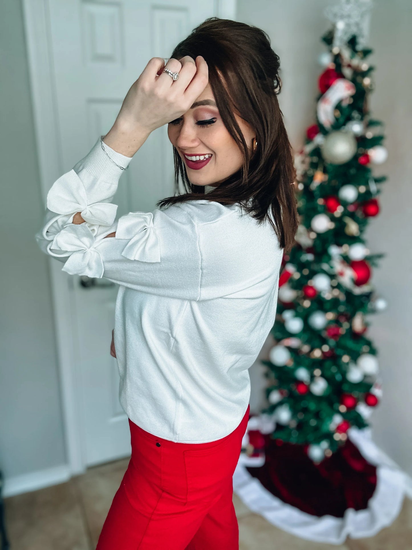 Bow Sleeve White Sweater - Sizes Medium & Large