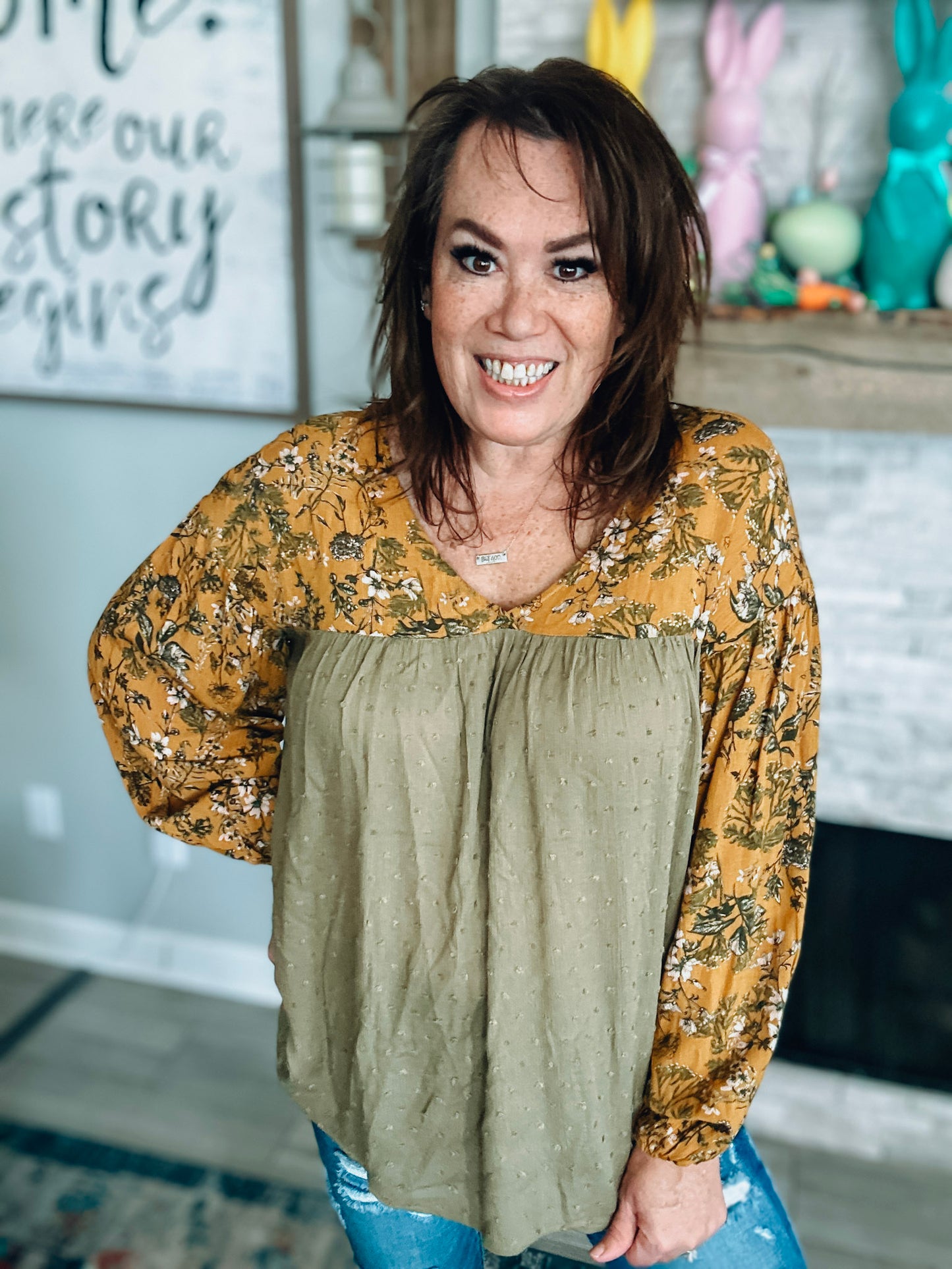 Olive Swiss Dot Boho Sleeve Blouse - Size Med