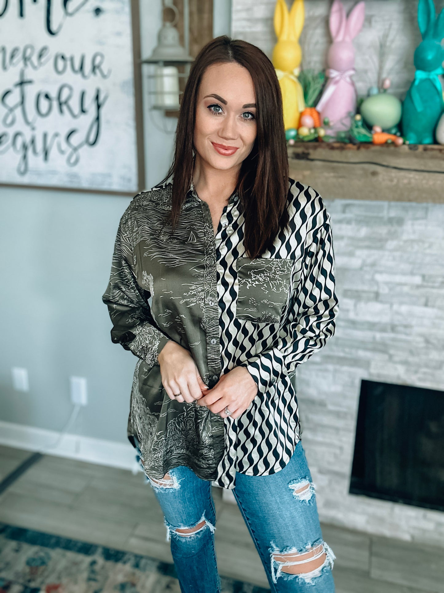 Olive Double Printed Button Up - Size Small