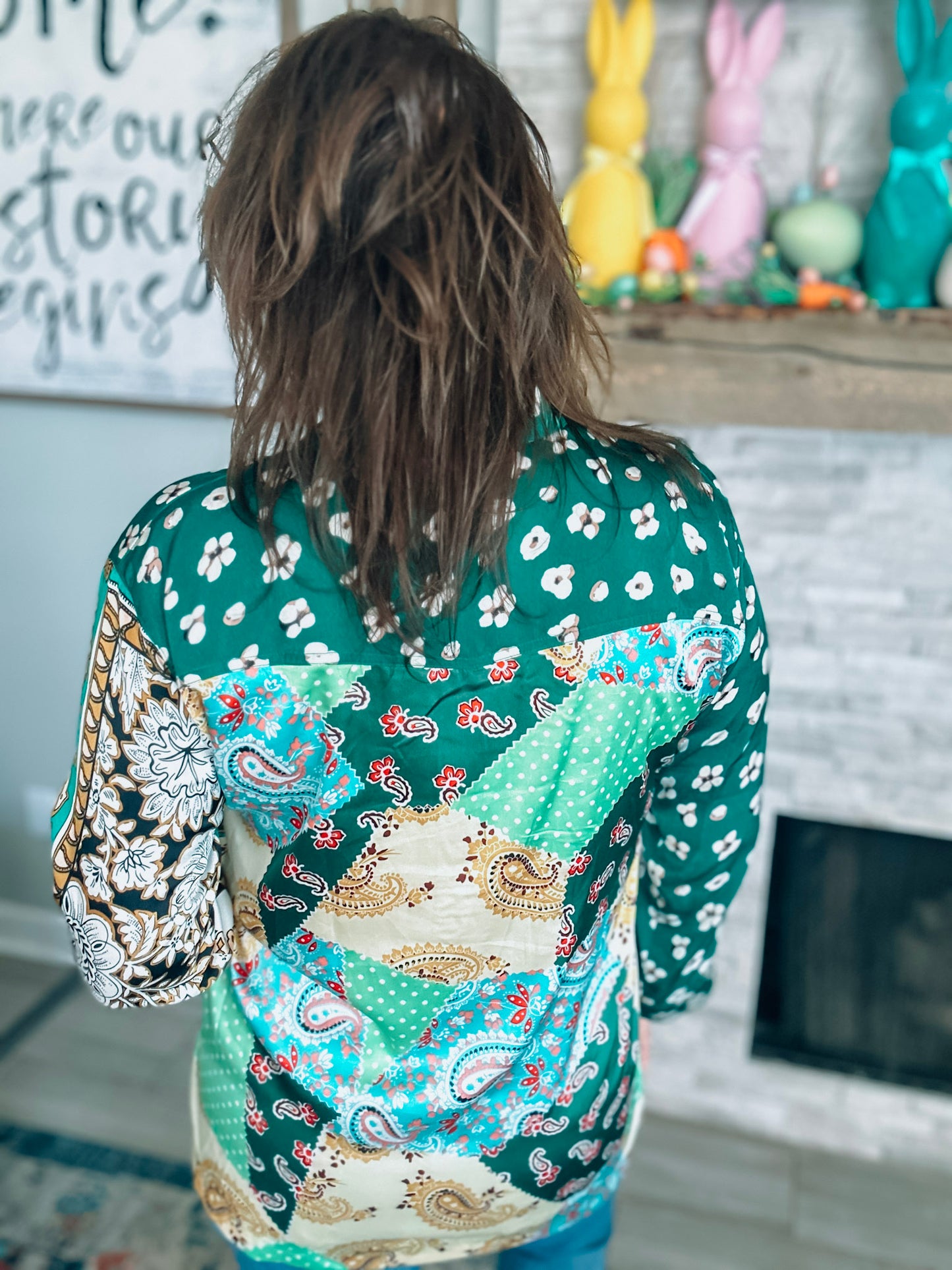 Green Paisley Print Button Down - Size Med