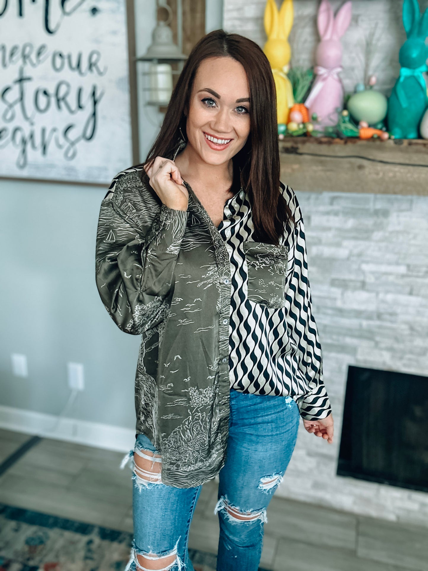 Olive Double Printed Button Up - Size Small