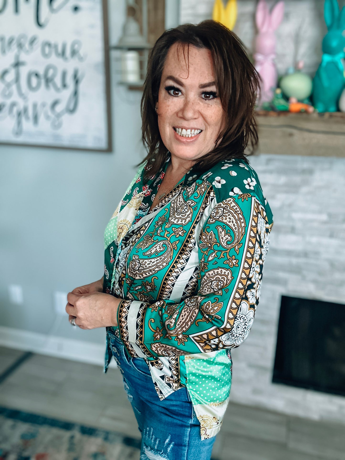 Green Paisley Print Button Down - Size Med