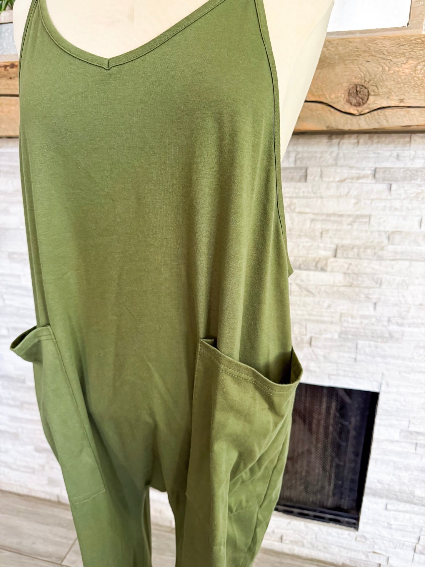 Olive Knit Jumpsuit With Pockets - Size Small