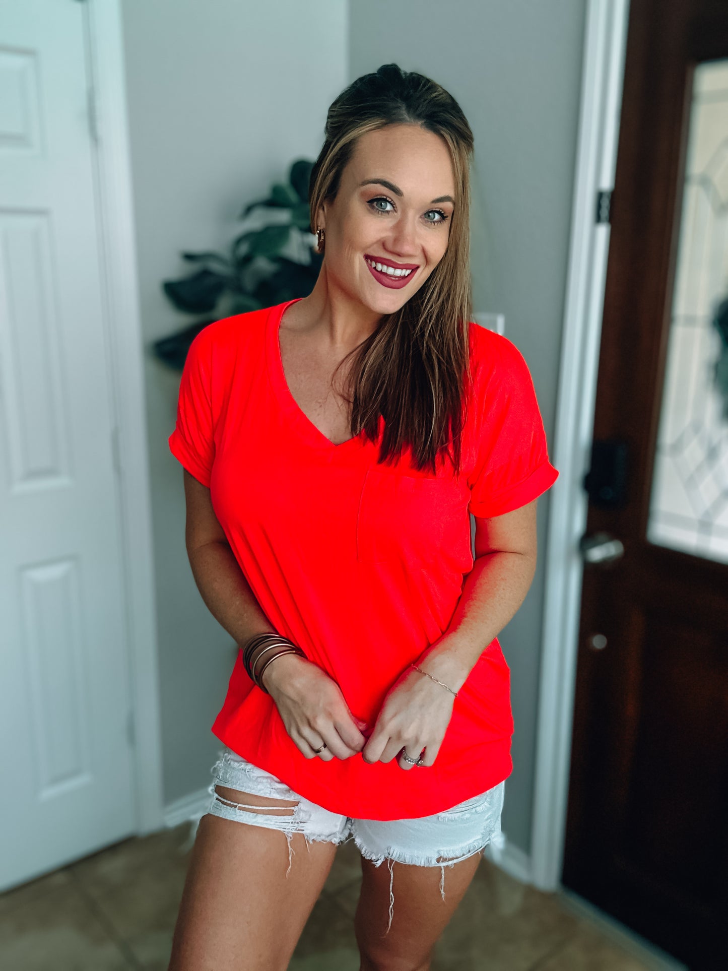 Orange Short Sleeve V-Neck Boyfriend Fit Pocket Tee NWT - Size Med