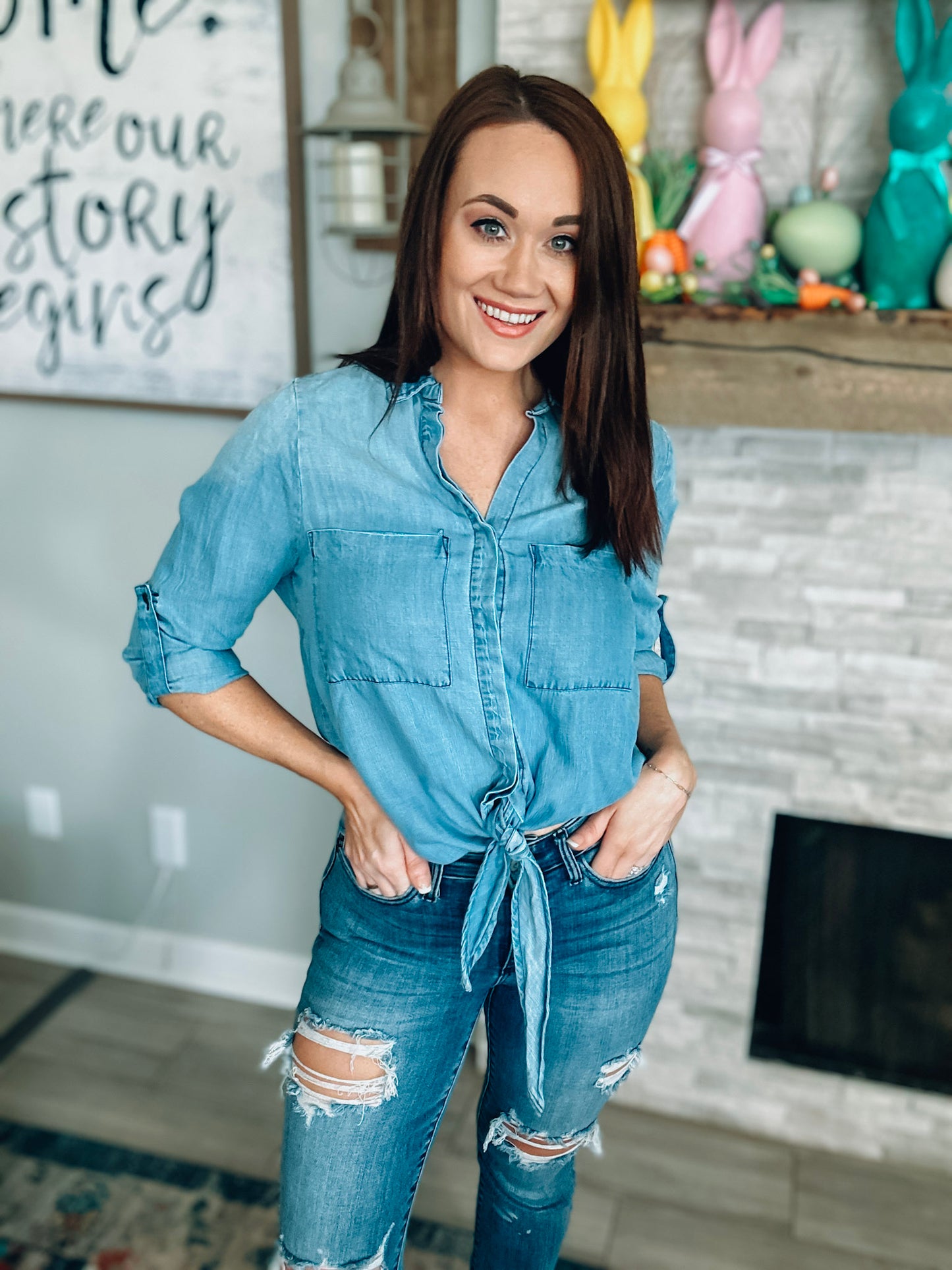 Easel Denim Top w/ Front Tie - Size Medium