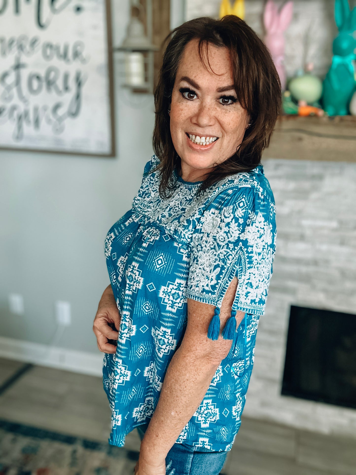 Savanna Jane Turquoise Aztec Print Embroidered Blouse - Size Med