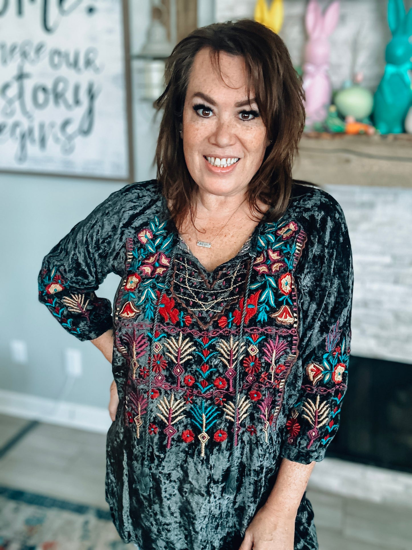 Embroidered Velvet Tunic - Size Large