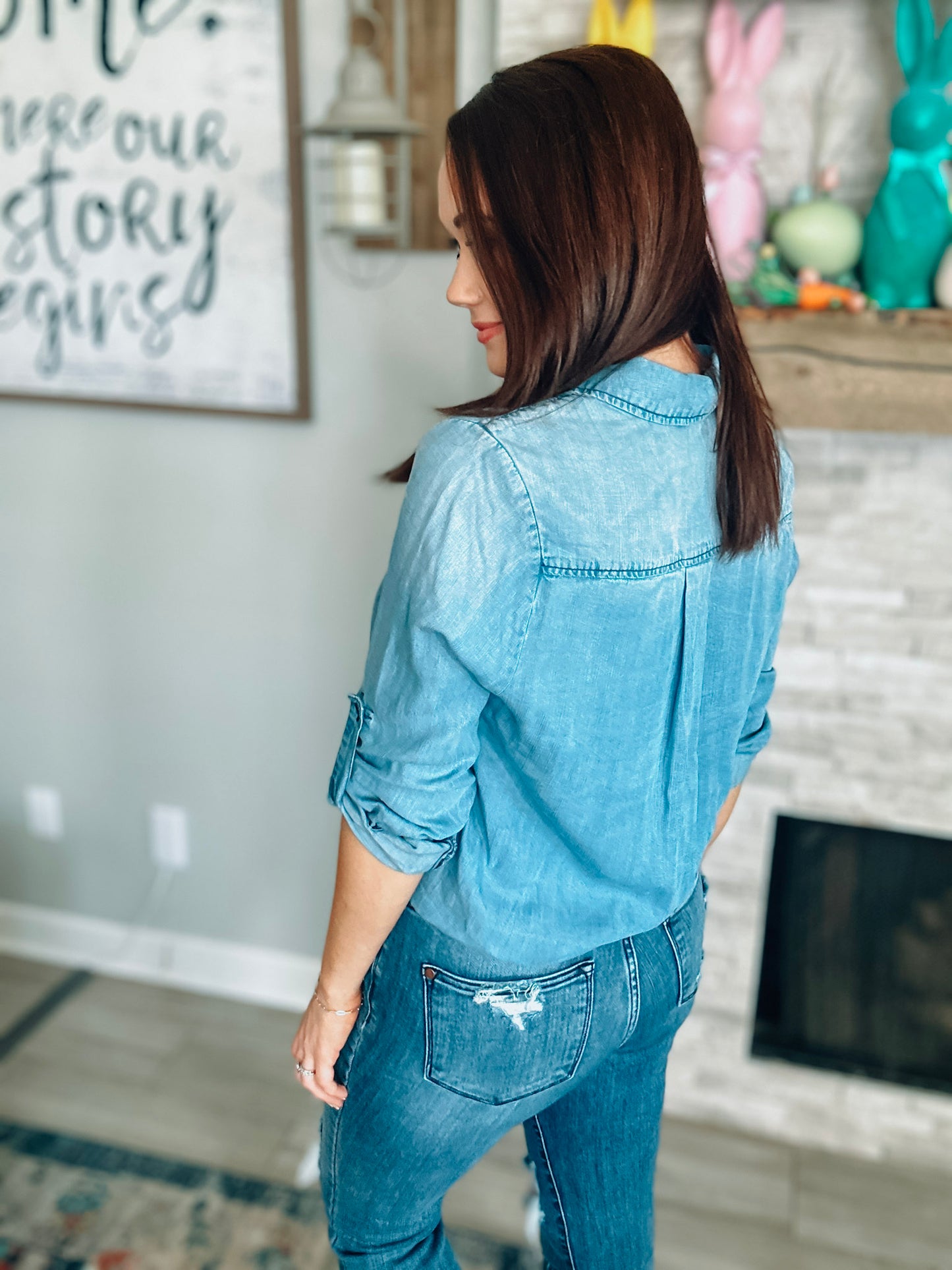 Easel Denim Top w/ Front Tie - Size Medium