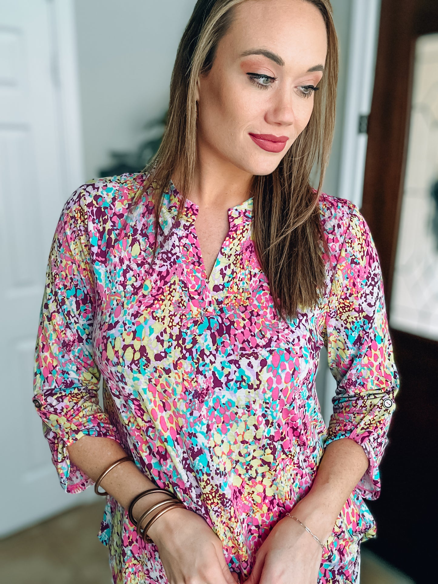 Pink and Purple Leopard 3/4 Sleeve Top - Medium