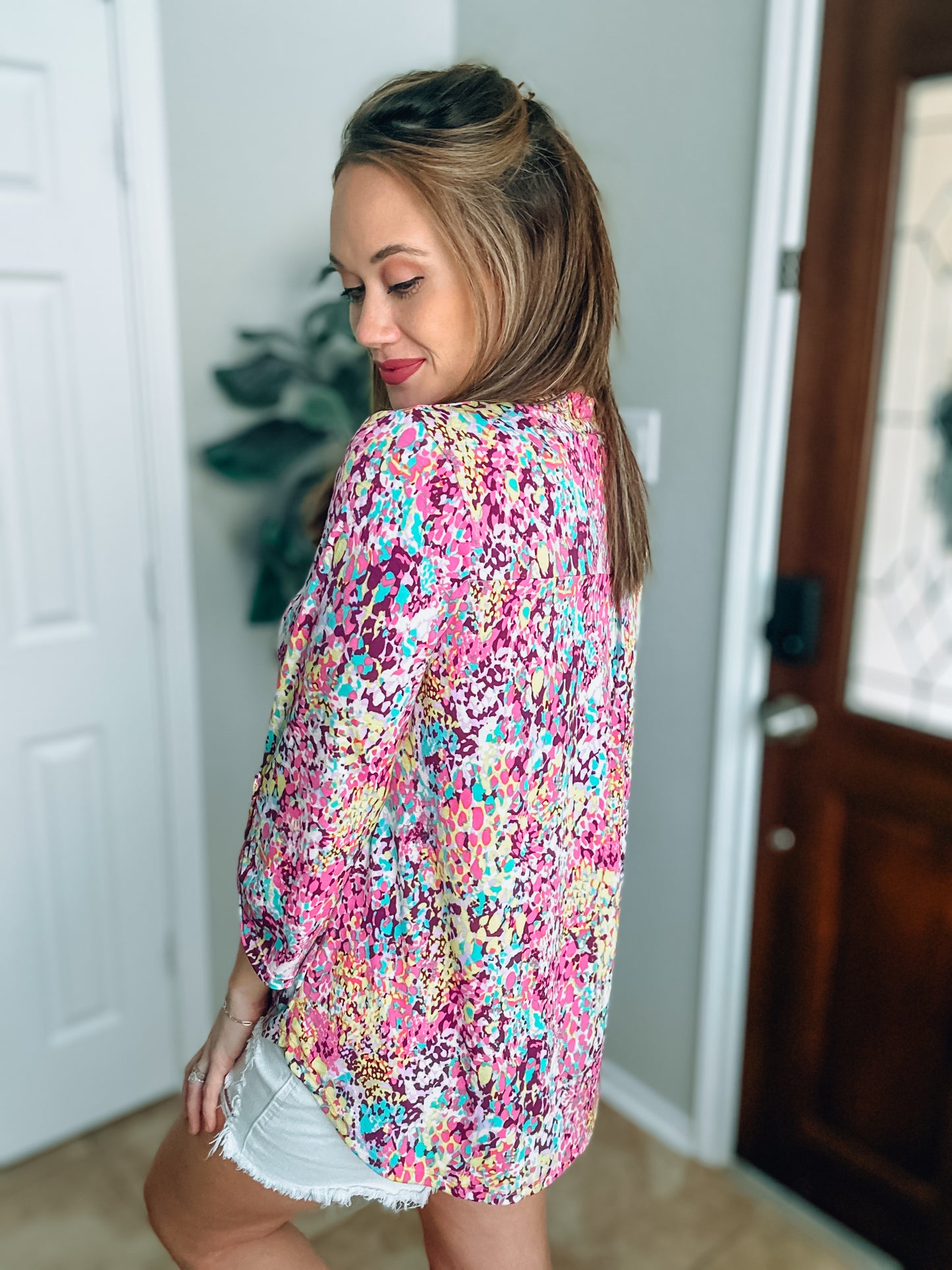 Pink and Purple Leopard 3/4 Sleeve Top - Medium