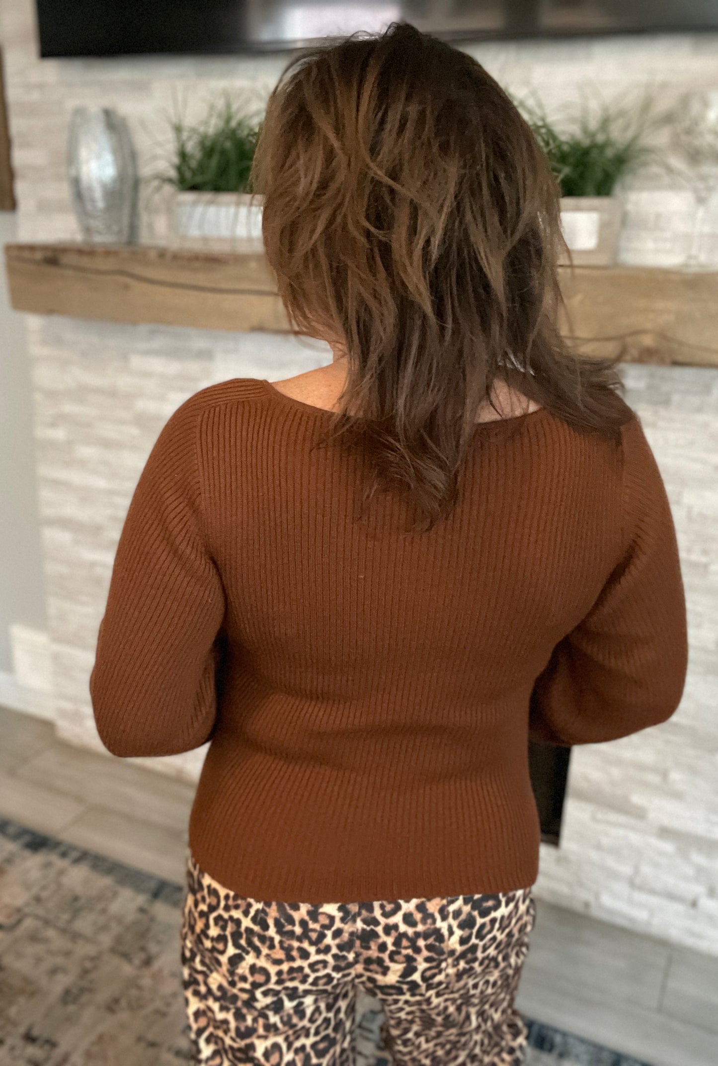 Brown Ribbed Balloon Sleeve Sweater - Size Large