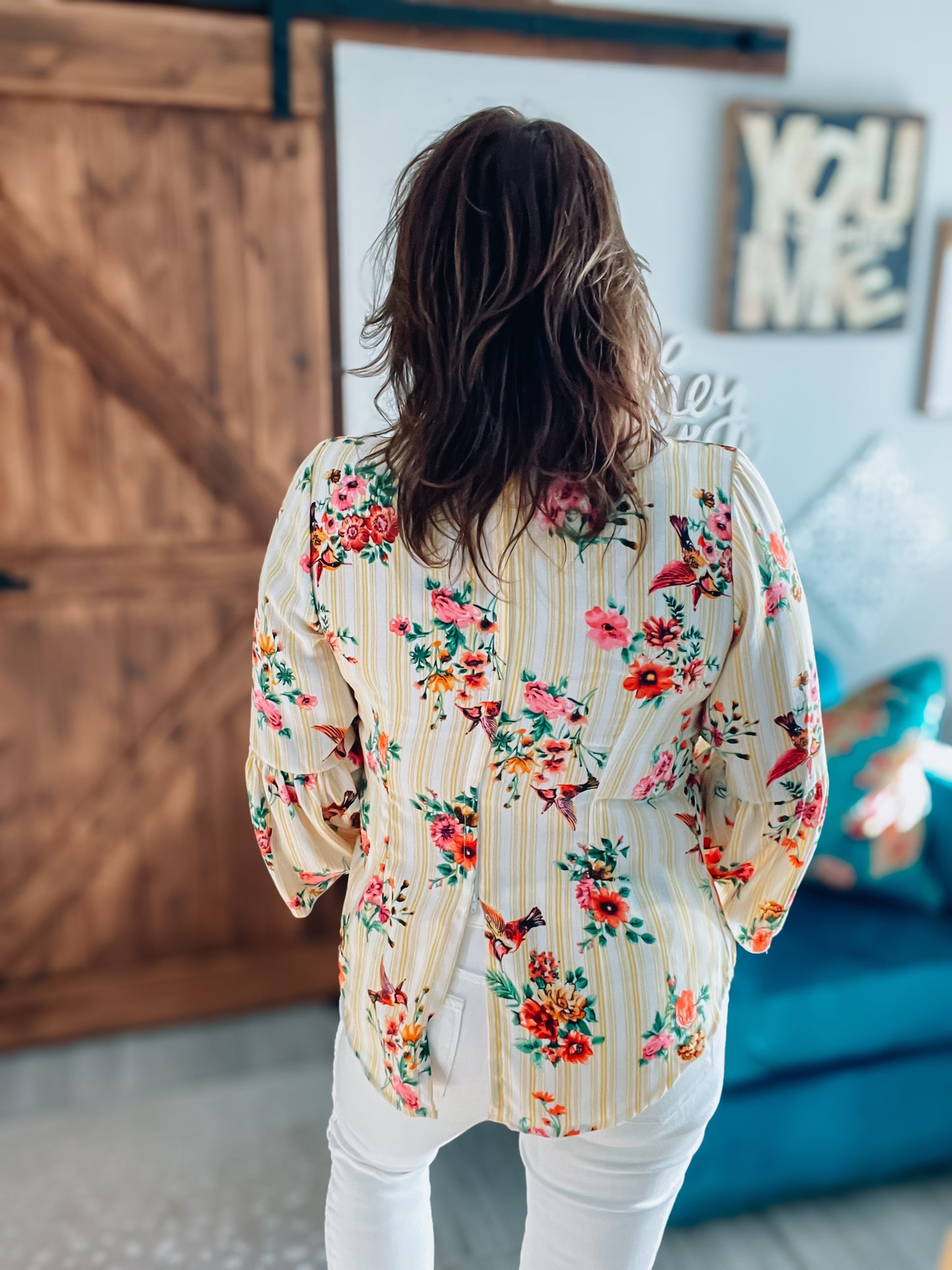 Yellow & White Stripe Floral Blouse - Size Large