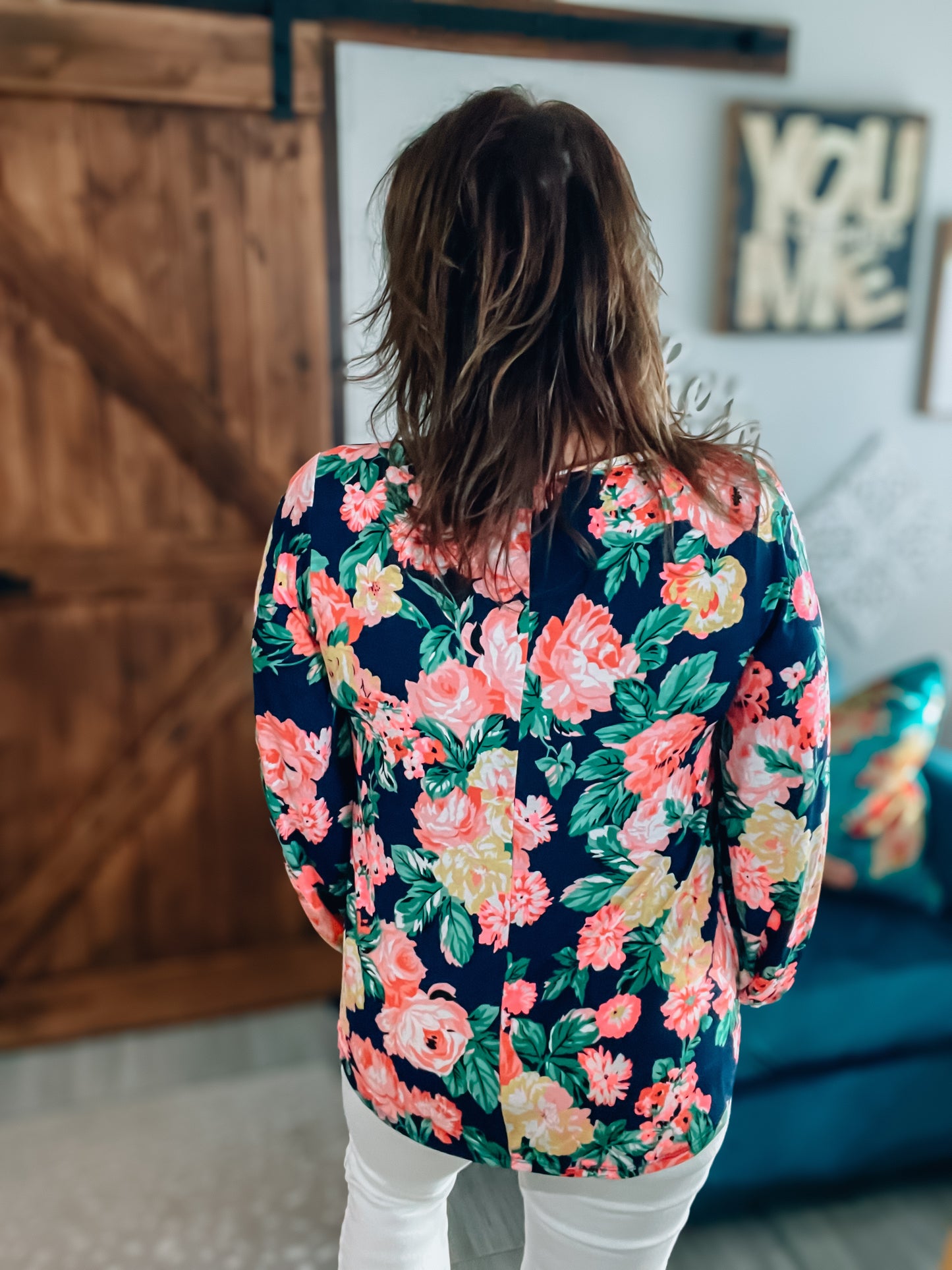 Blue Floral Print Long Sleeve Blouse - Size Small