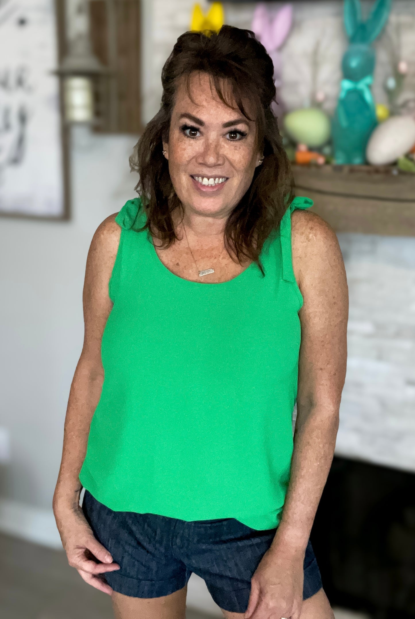Green Sleeveless Top with Bow Shoulders - Size Med