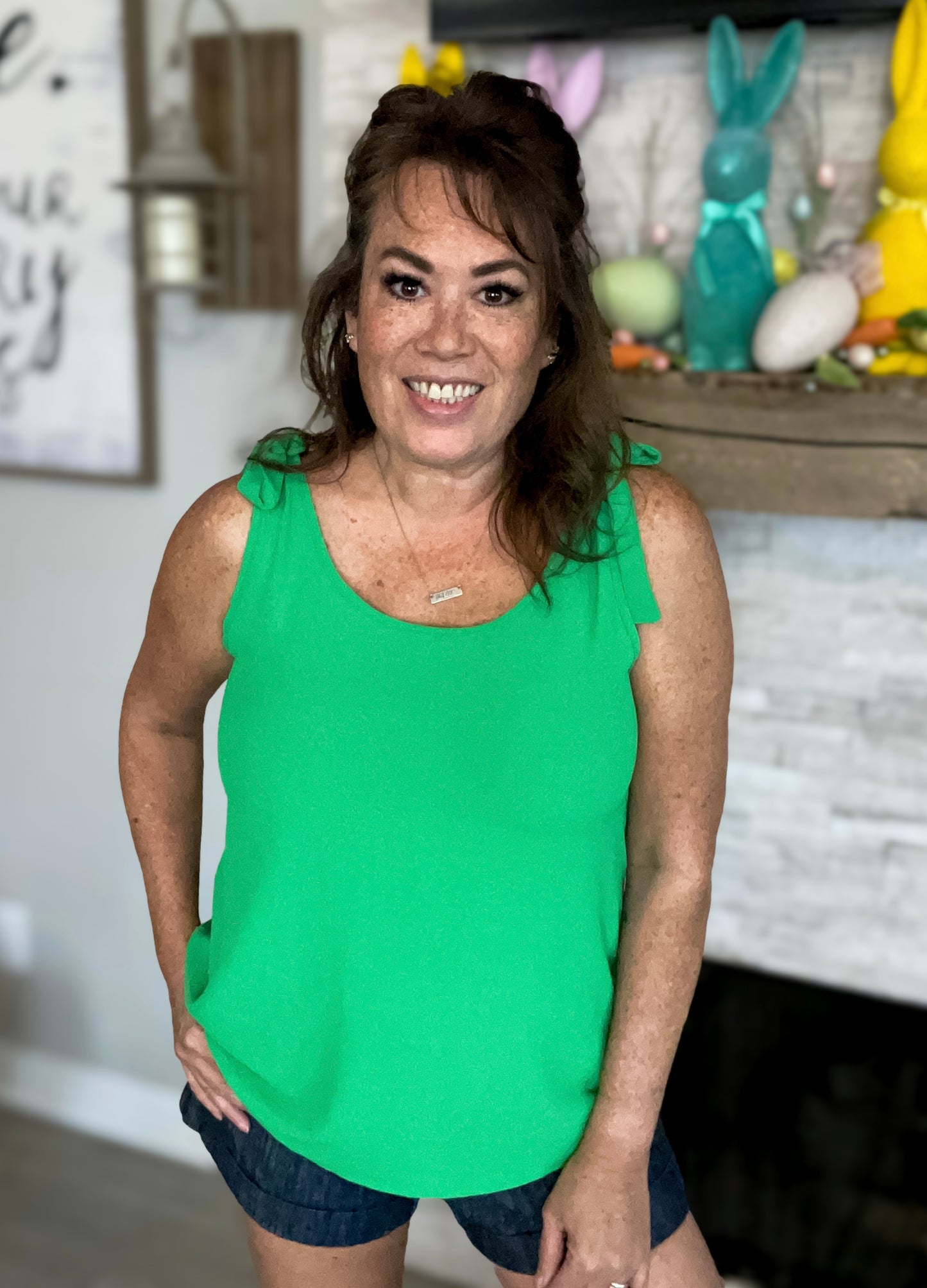 Green Sleeveless Top with Bow Shoulders - Size Med